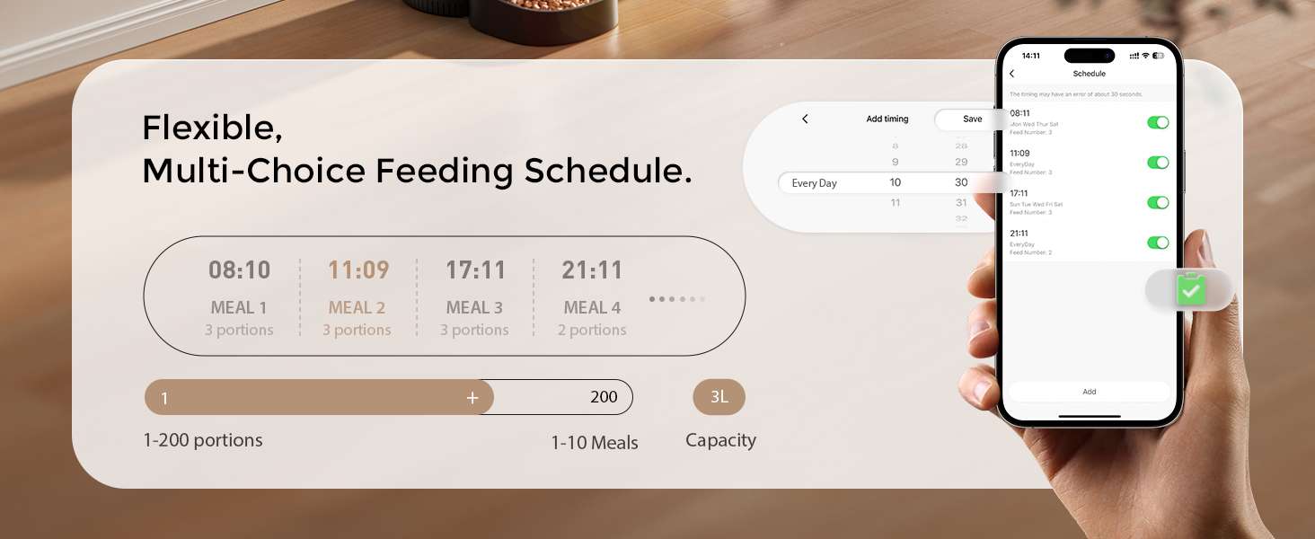 Kit de 1.3 kg y 3 litros con WiFi. Permite programar raciones exactas, incluye filtracion de agua avanzada, respaldo de bateria y control total desde el celular para tu mascota.