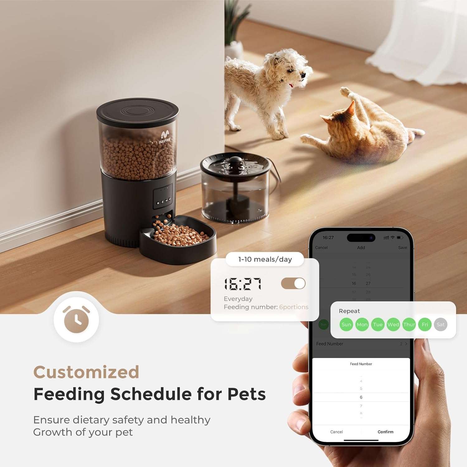 Kit de 1.3 kg y 3 litros con WiFi. Permite programar raciones exactas, incluye filtracion de agua avanzada, respaldo de bateria y control total desde el celular para tu mascota.