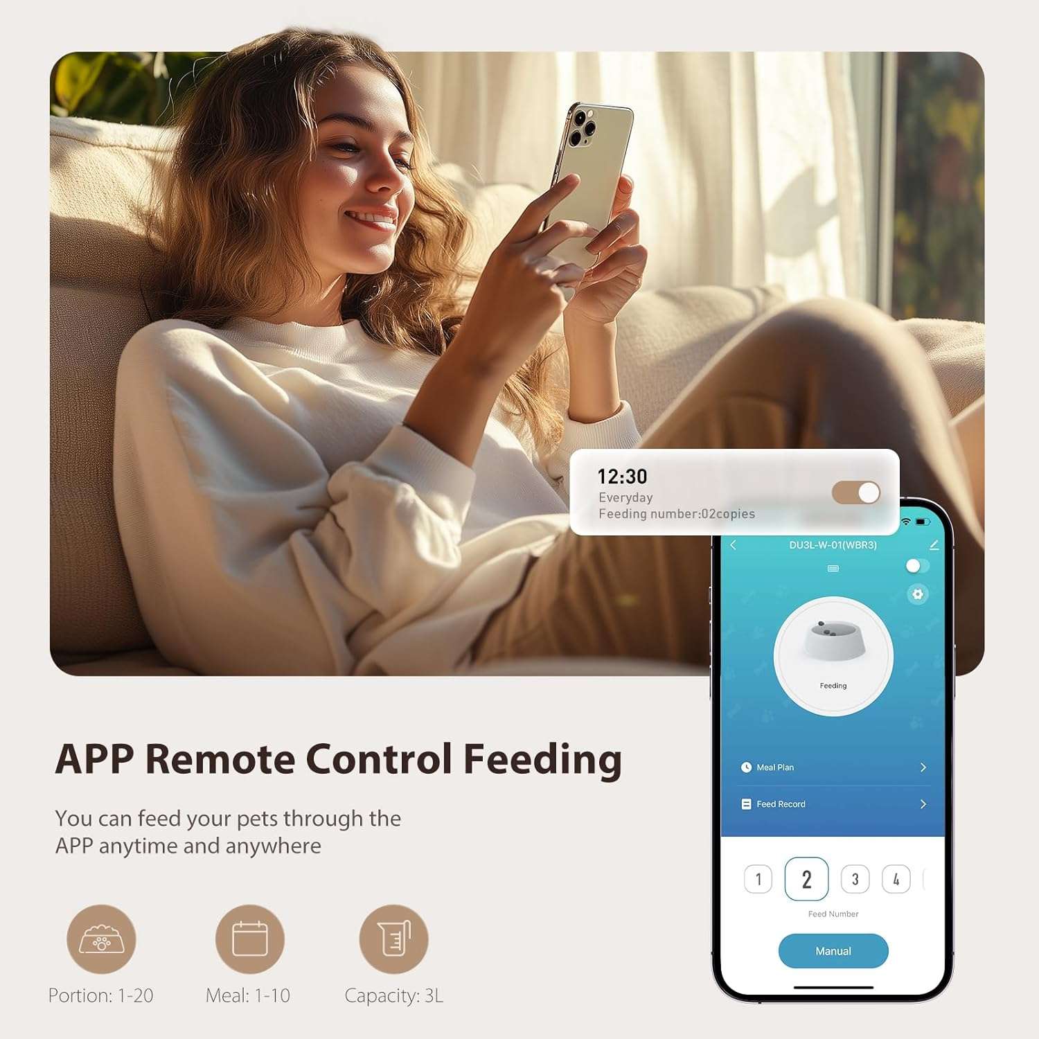 Kit de 1.3 kg y 3 litros con WiFi. Permite programar raciones exactas, incluye filtracion de agua avanzada, respaldo de bateria y control total desde el celular para tu mascota.