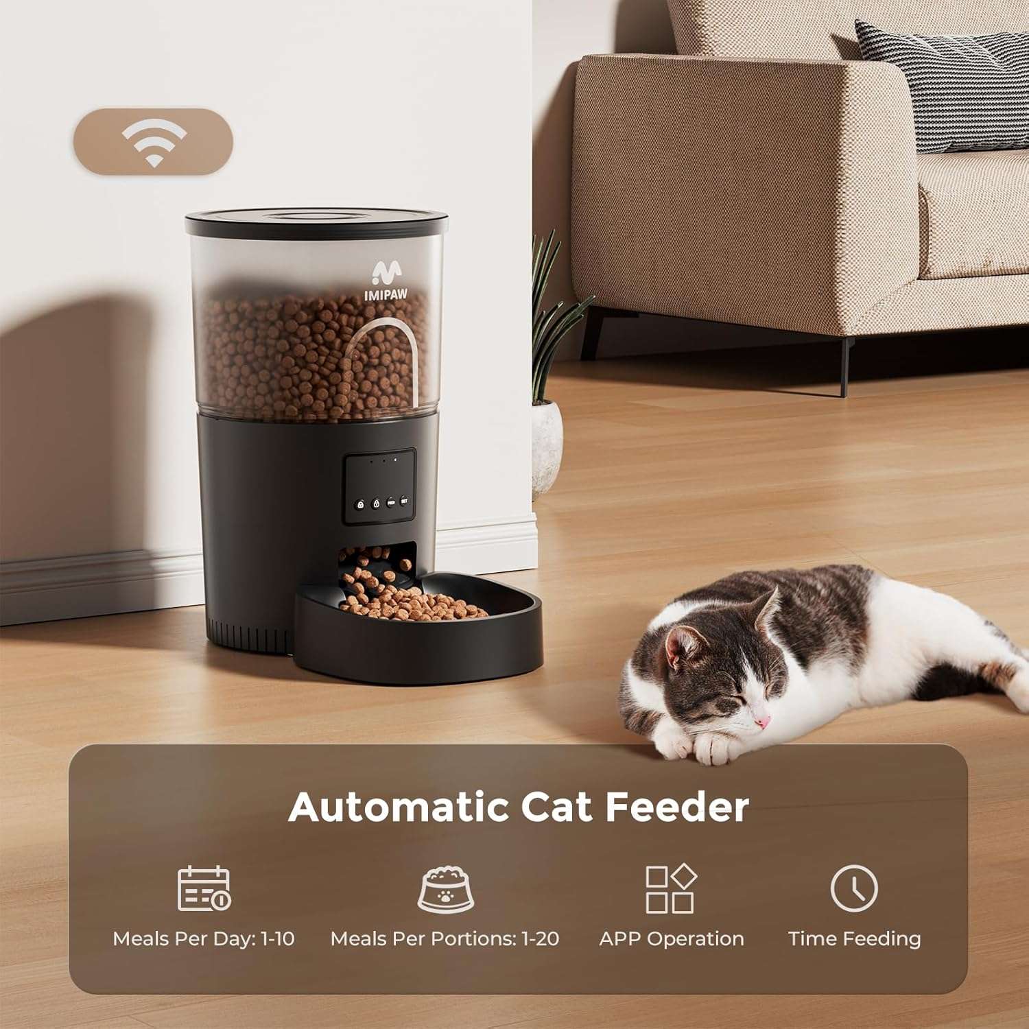 Kit de 1.3 kg y 3 litros con WiFi. Permite programar raciones exactas, incluye filtracion de agua avanzada, respaldo de bateria y control total desde el celular para tu mascota.