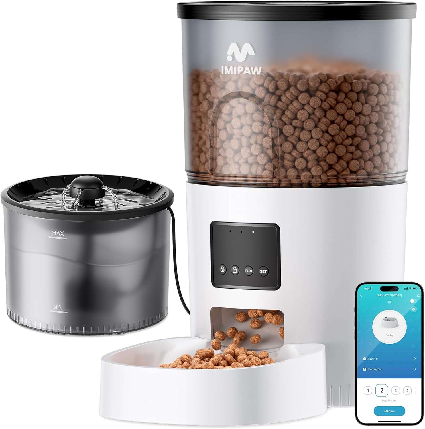 Kit de 1.3 kg y 3 litros con WiFi. Permite programar raciones exactas, incluye filtracion de agua avanzada, respaldo de bateria y control total desde el celular para tu mascota.