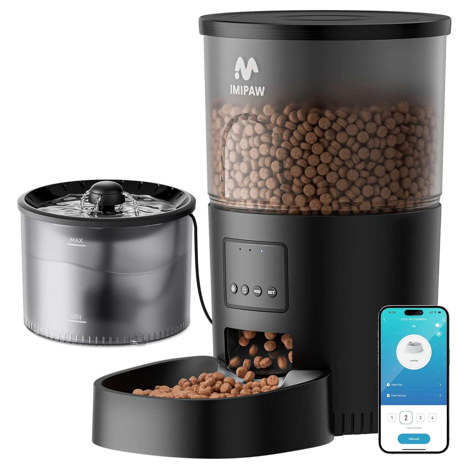 Kit de 1.3 kg y 3 litros con WiFi. Permite programar raciones exactas, incluye filtracion de agua avanzada, respaldo de bateria y control total desde el celular para tu mascota.