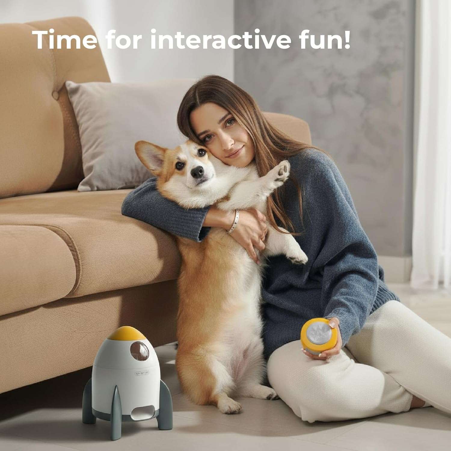 Dispensador de premios blanco interactivo para perros con boton remoto inalambrico y sistema de grabacion de voz para entrenamiento e inteligencia.