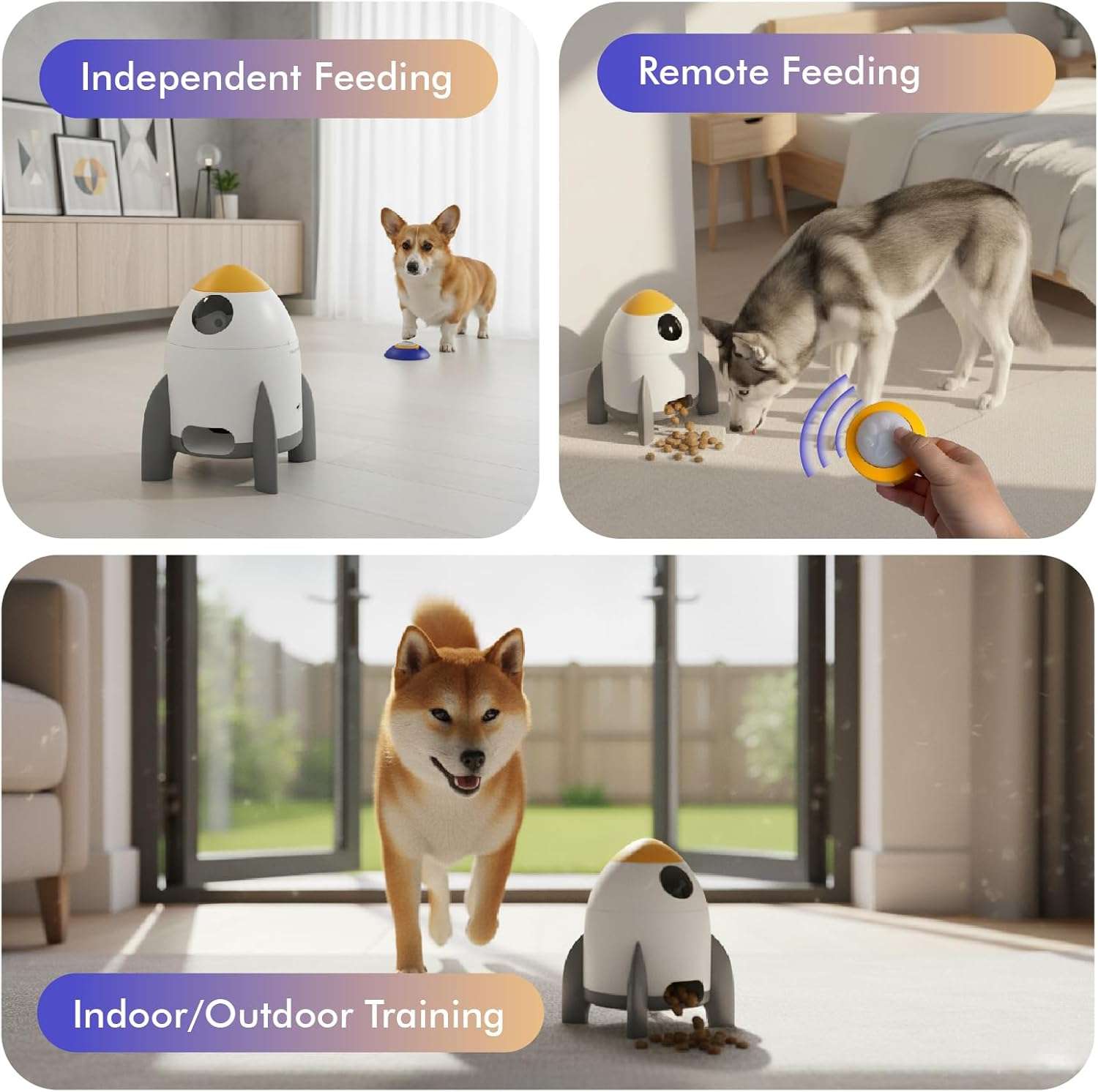 Dispensador de premios blanco interactivo para perros con boton remoto inalambrico y sistema de grabacion de voz para entrenamiento e inteligencia.