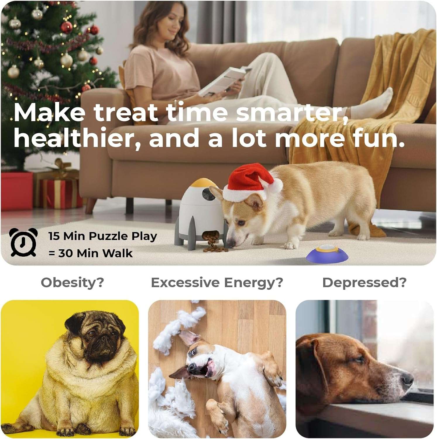 Dispensador de premios blanco interactivo para perros con boton remoto inalambrico y sistema de grabacion de voz para entrenamiento e inteligencia.