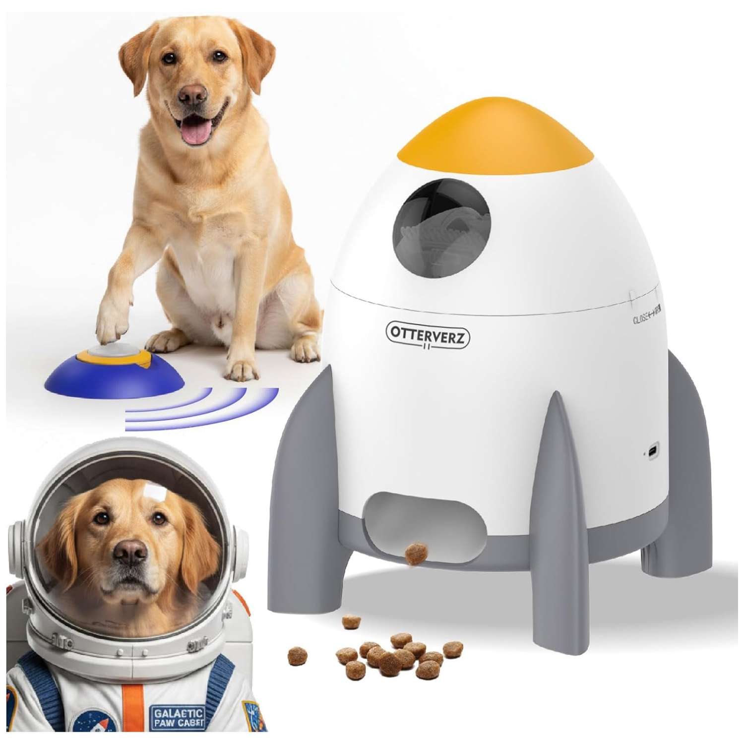 Dispensador de premios blanco interactivo para perros con boton remoto inalambrico y sistema de grabacion de voz para entrenamiento e inteligencia.