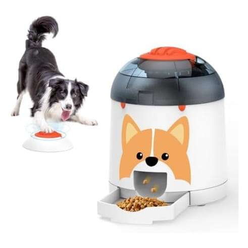Educador inteligente blanco para perros con boton remoto inalambrico y sistema de premios para reducir ansiedad y mejorar inteligencia.