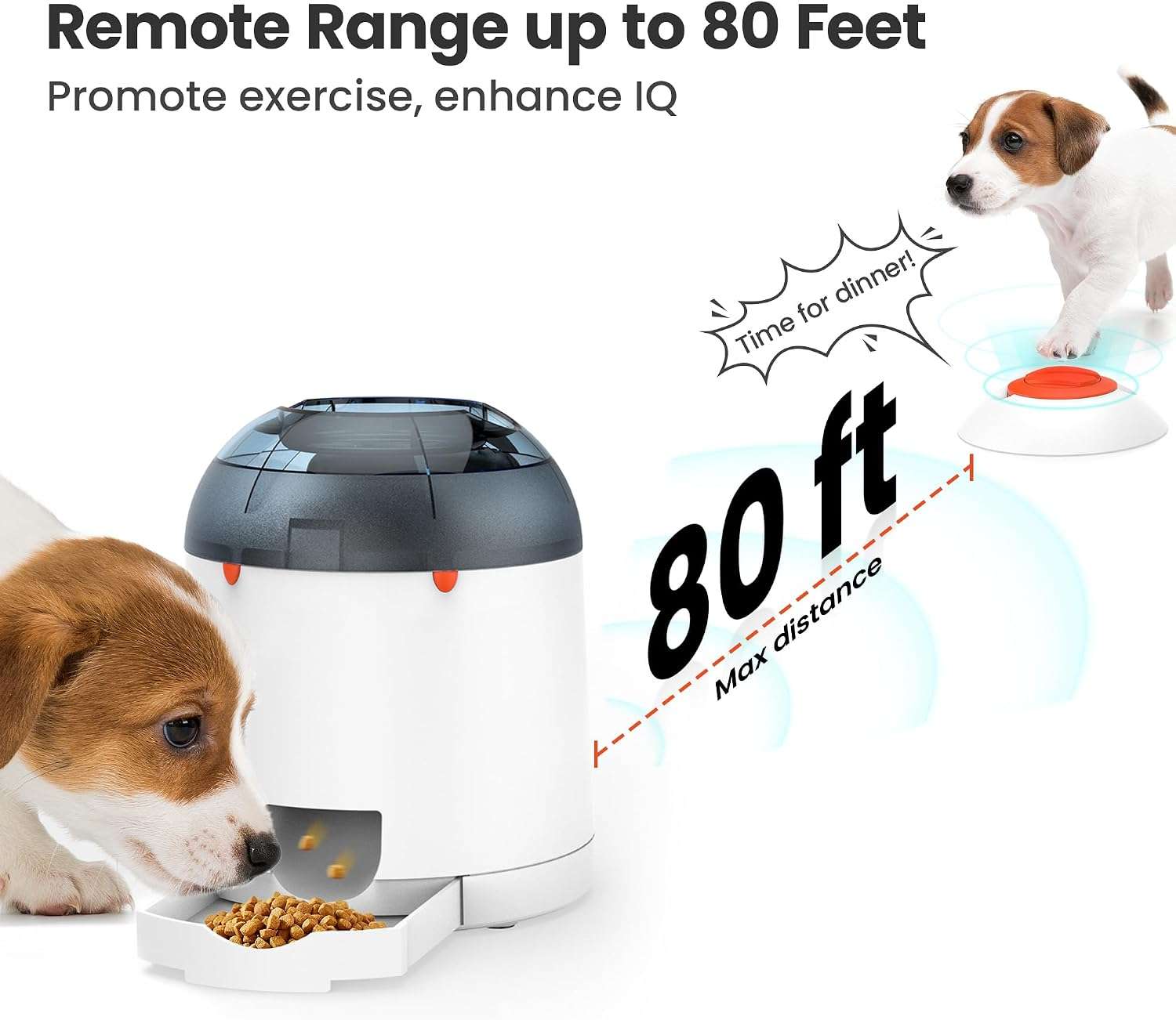 Educador inteligente blanco para perros con boton remoto inalambrico y sistema de premios para reducir ansiedad y mejorar inteligencia.