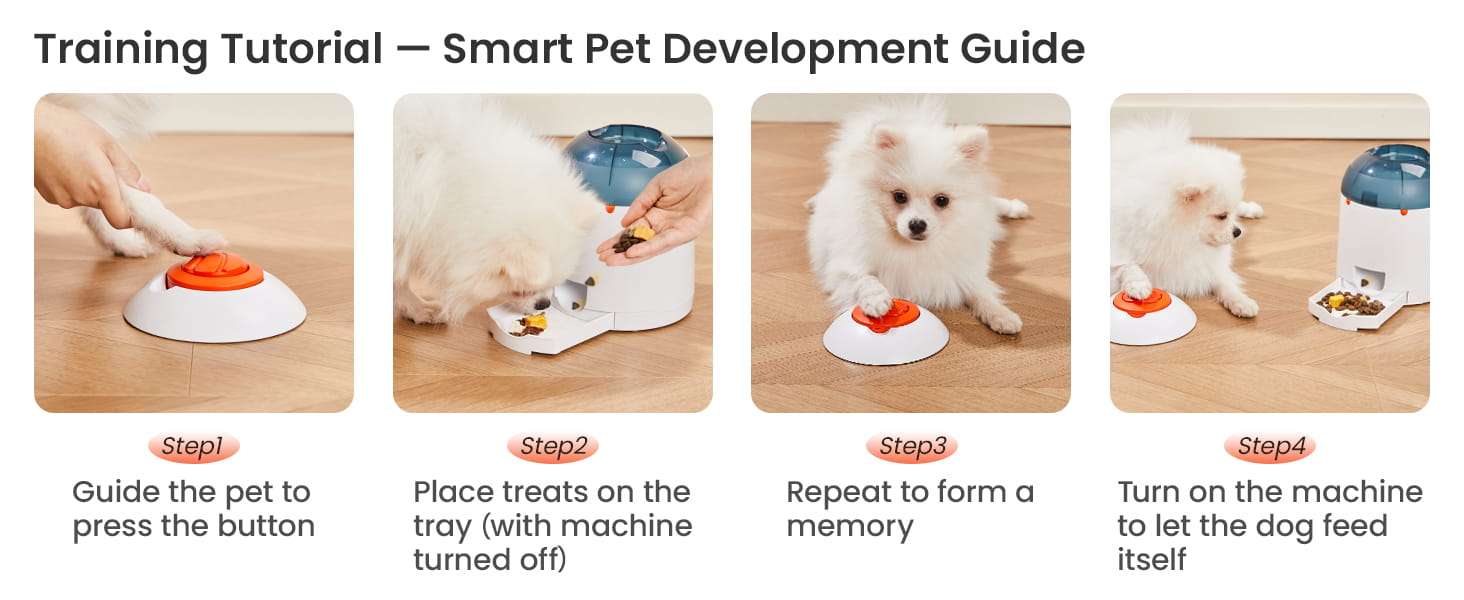 Educador inteligente blanco para perros con boton remoto inalambrico y sistema de premios para reducir ansiedad y mejorar inteligencia.