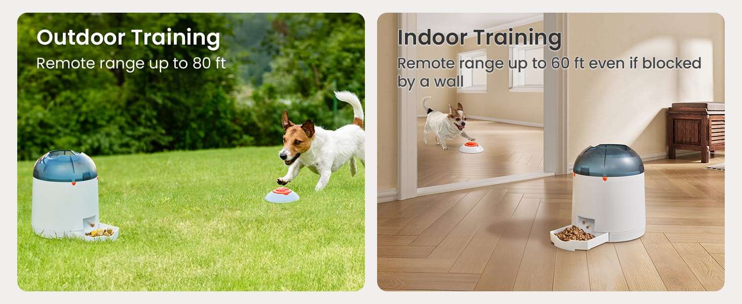 Educador inteligente blanco para perros con boton remoto inalambrico y sistema de premios para reducir ansiedad y mejorar inteligencia.