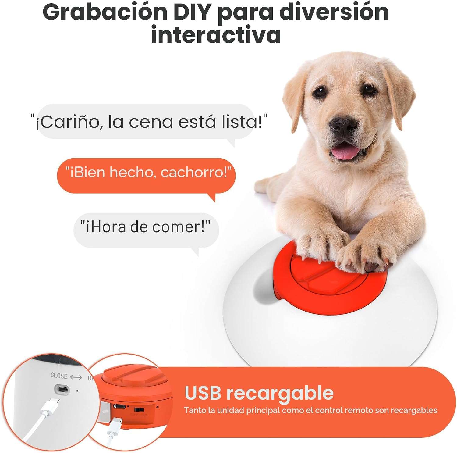 Educador inteligente blanco para perros con boton remoto inalambrico y sistema de premios para reducir ansiedad y mejorar inteligencia.