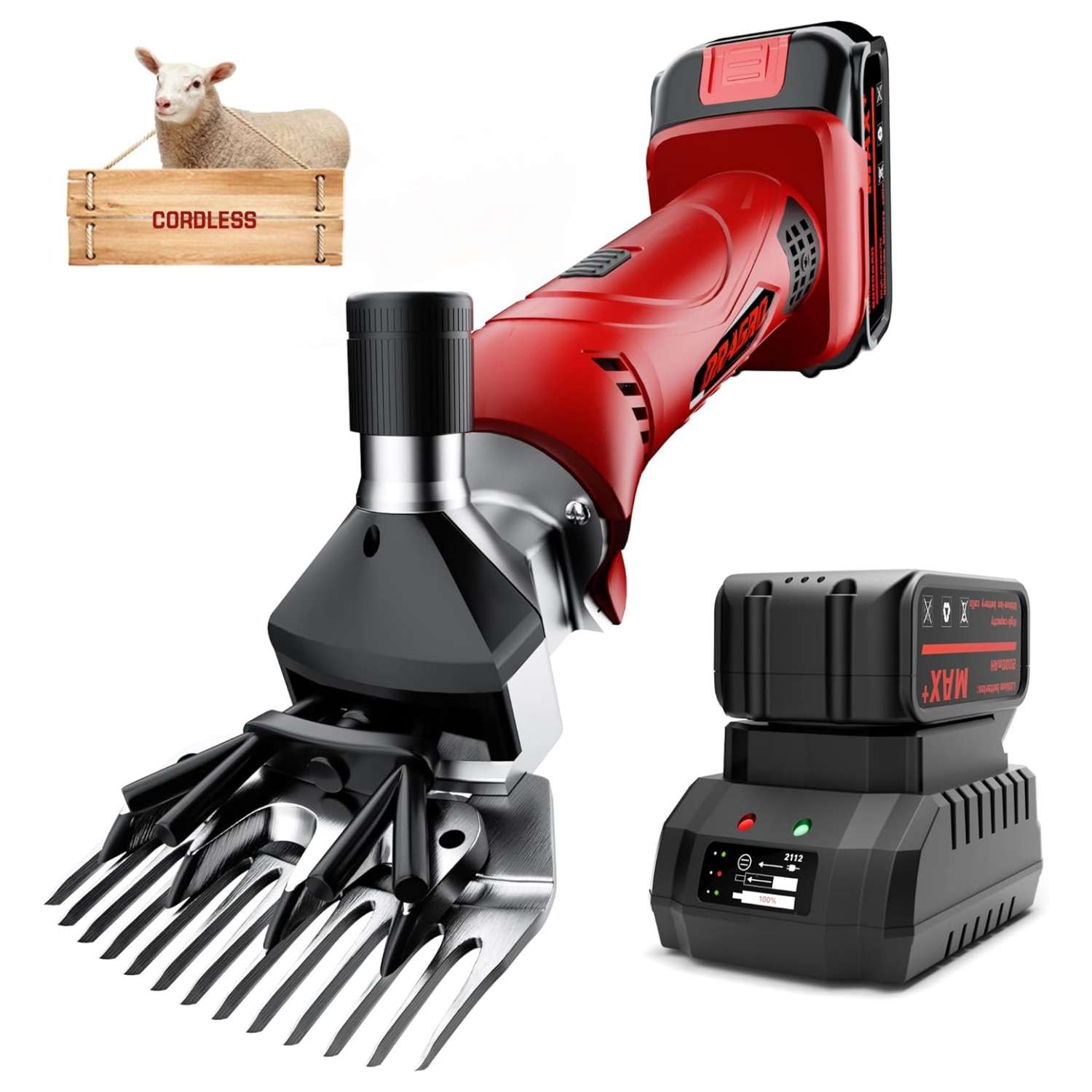 Esquiladora inalambrica de 500W para ovejas y alpacas con 2 baterias y motor brushless de 6 velocidades.