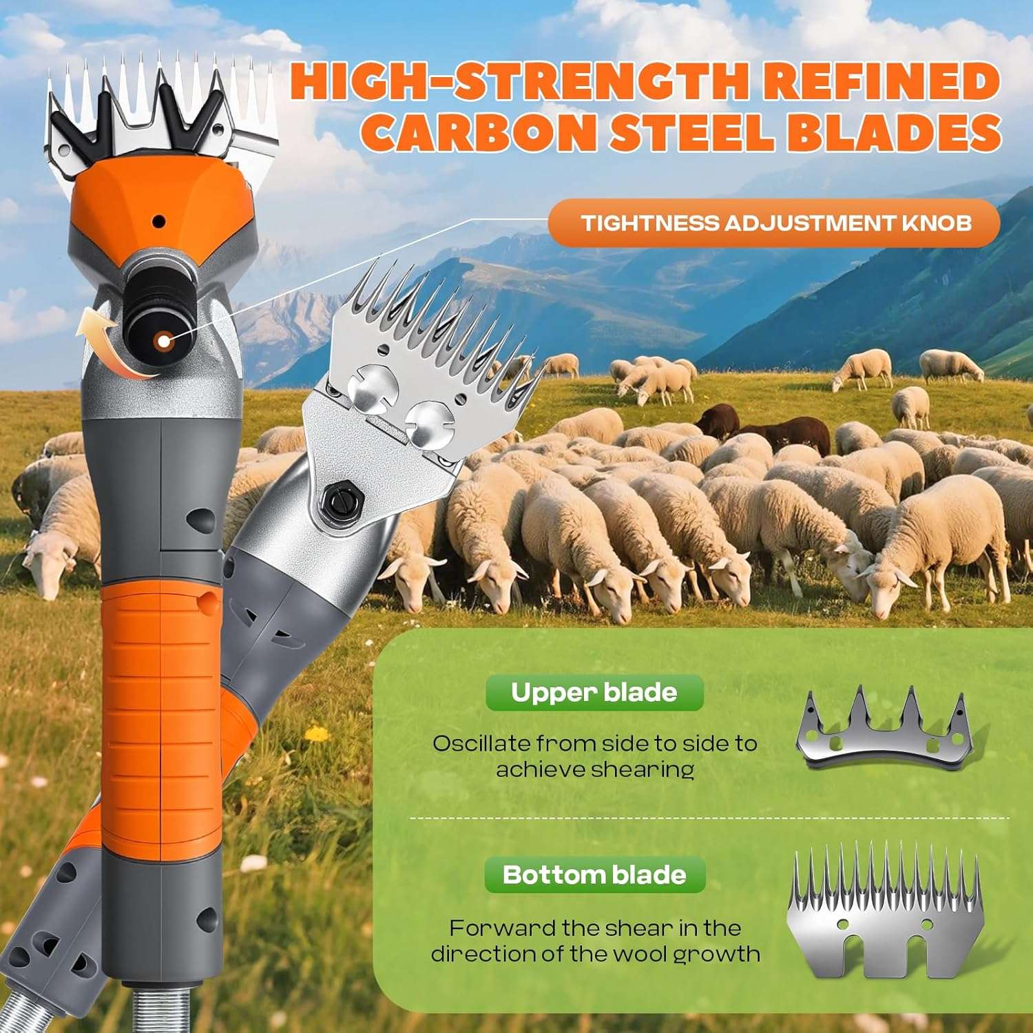 Esquiladora de ovejas y alpacas de 1000W con motor colgante y eje flexible. Kit profesional con cuchillas de acero.