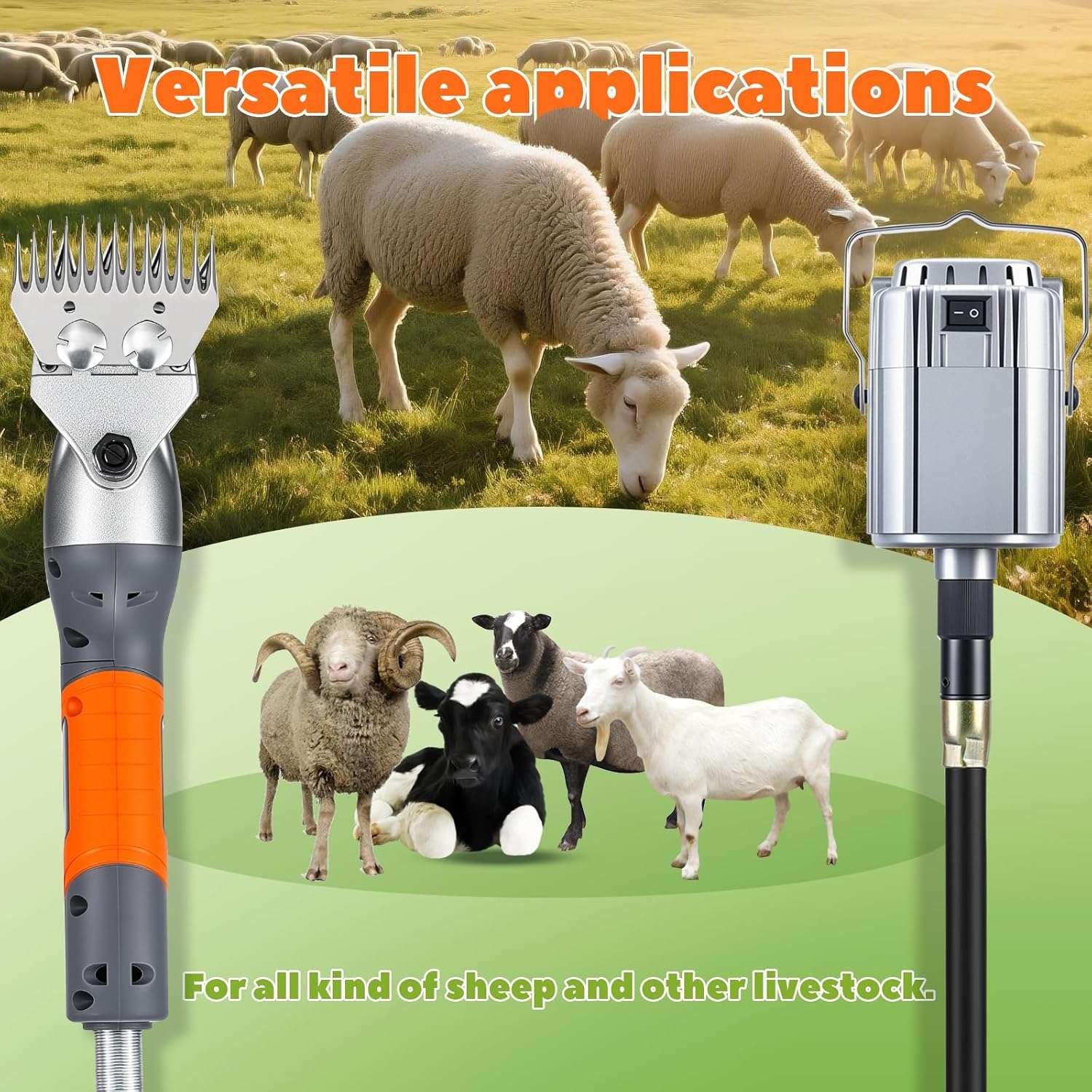 Esquiladora de ovejas y alpacas de 1000W con motor colgante y eje flexible. Kit profesional con cuchillas de acero.