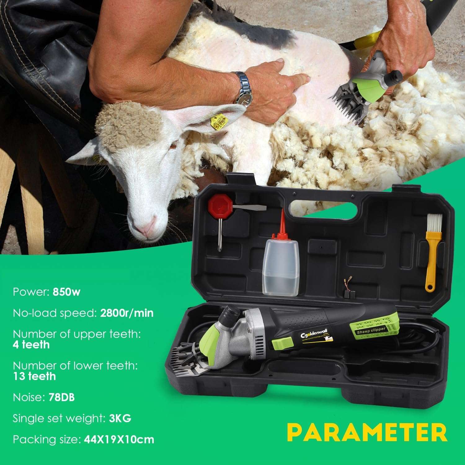 Esquiladora de ovejas y alpacas de 850W con motor de cobre y maletin de transporte. Maquina profesional de 6 velocidades.