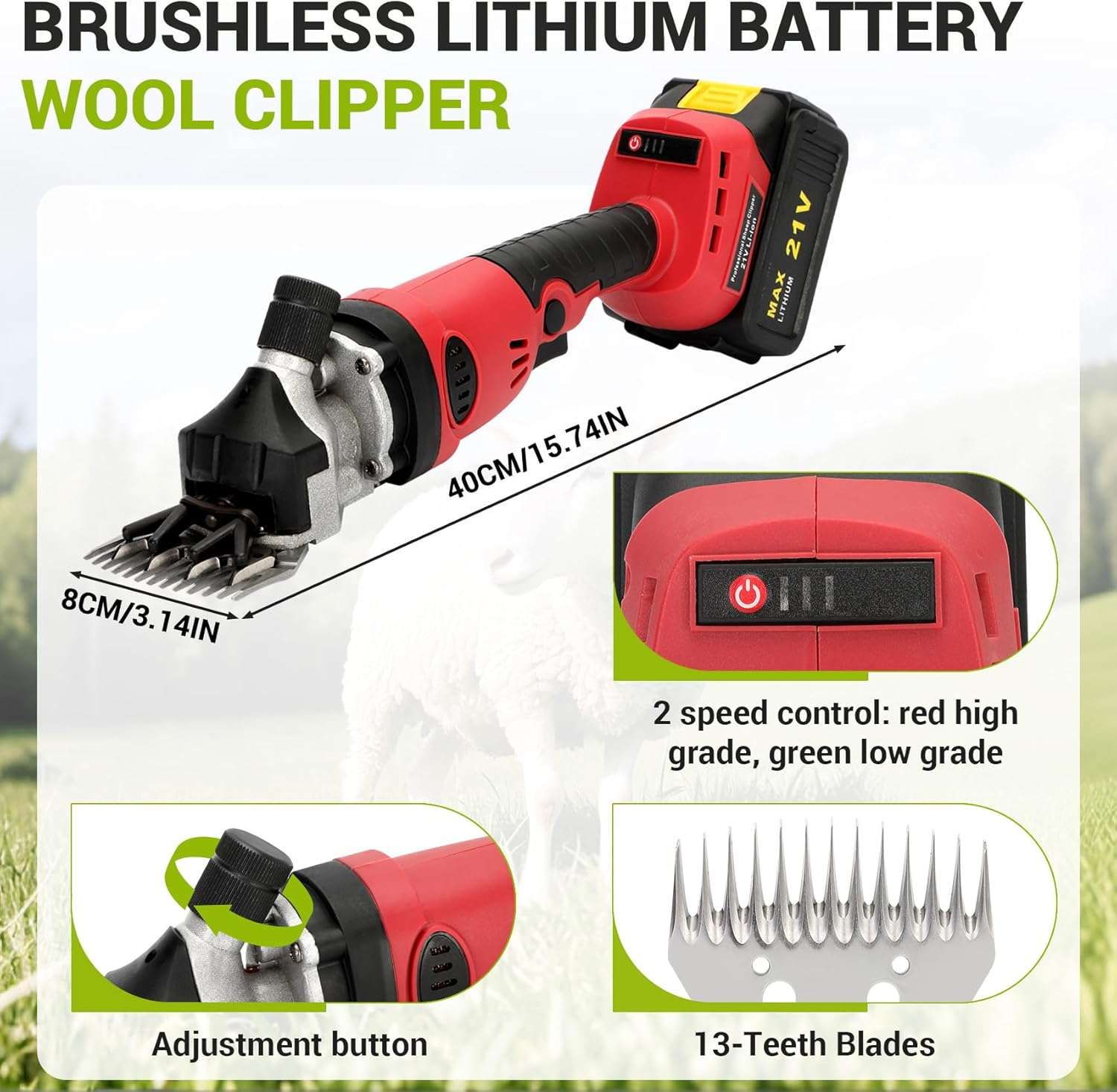 Esquiladora de ovejas y alpacas inalambrica de 500W profesional. Kit con 2 baterias motor brushless y 6 velocidades.