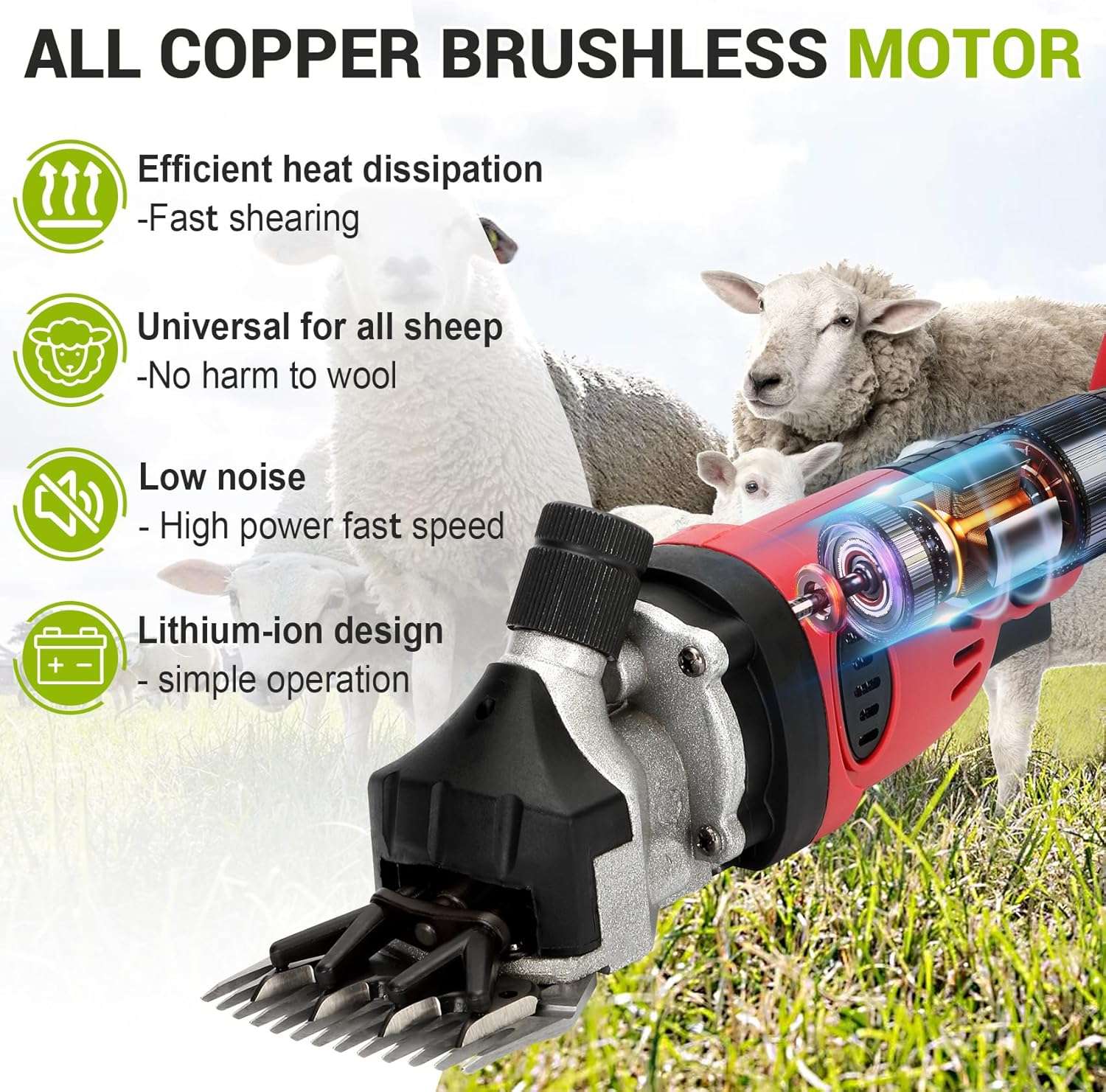 Esquiladora de ovejas y alpacas inalambrica de 500W profesional. Kit con 2 baterias motor brushless y 6 velocidades.