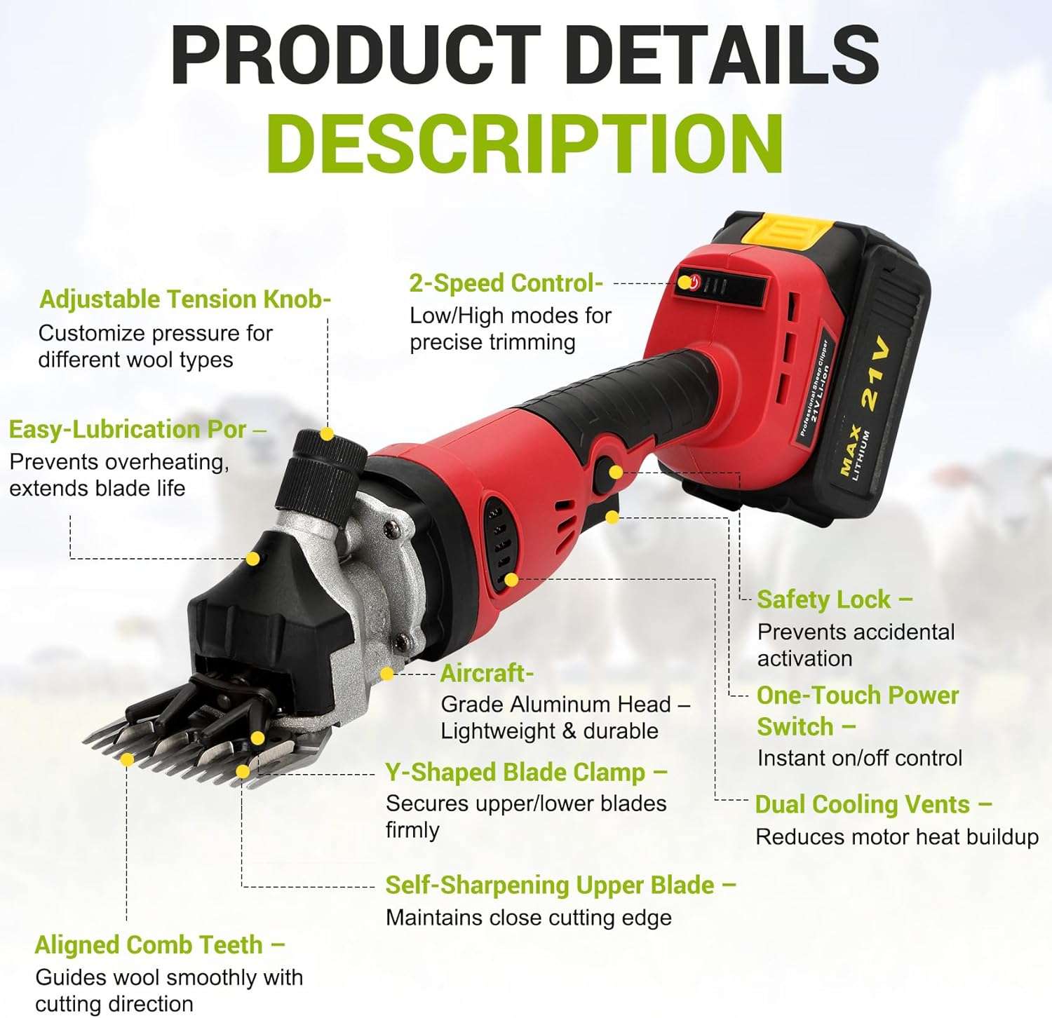 Esquiladora de ovejas y alpacas inalambrica de 500W profesional. Kit con 2 baterias motor brushless y 6 velocidades.
