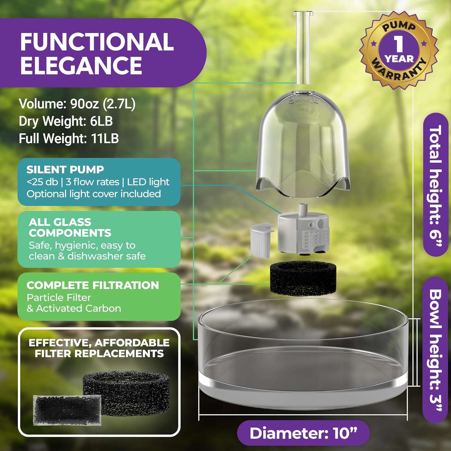 Fuente de agua de vidrio transparente de 2.7 litros para gatos higienica y facil de limpiar en lavavajillas.