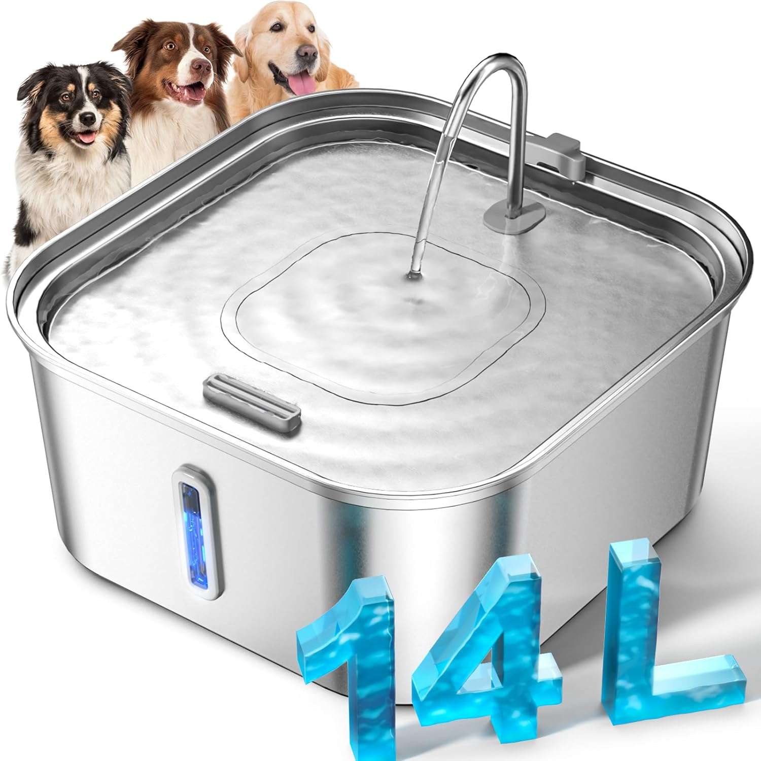 Fuente de agua automatica cuadrada de acero inoxidable 14 litros para perros grandes con bandeja profunda anti salpicaduras.