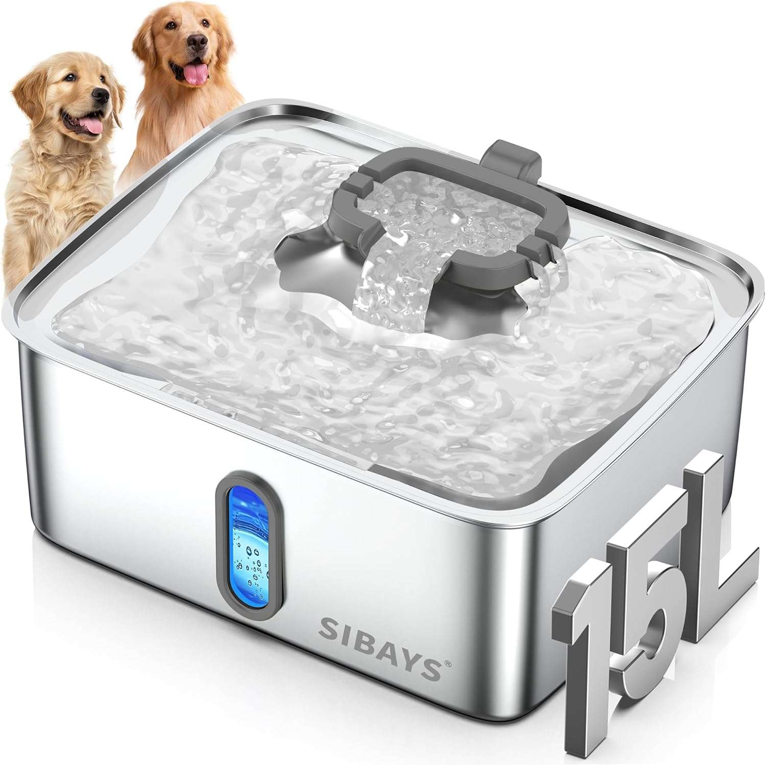 Fuente de agua de 15 litros acero inoxidable para perros grandes con ventana de nivel visible y luz LED indicadora.