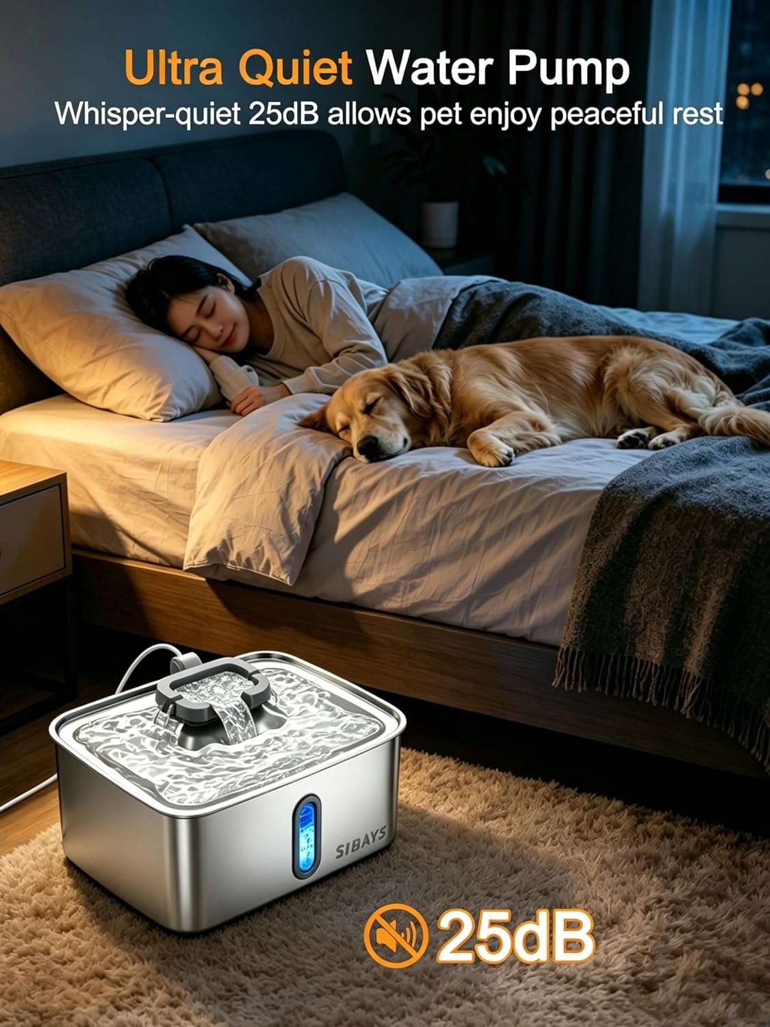 Fuente de agua de 15 litros acero inoxidable para perros grandes con ventana de nivel visible y luz LED indicadora.