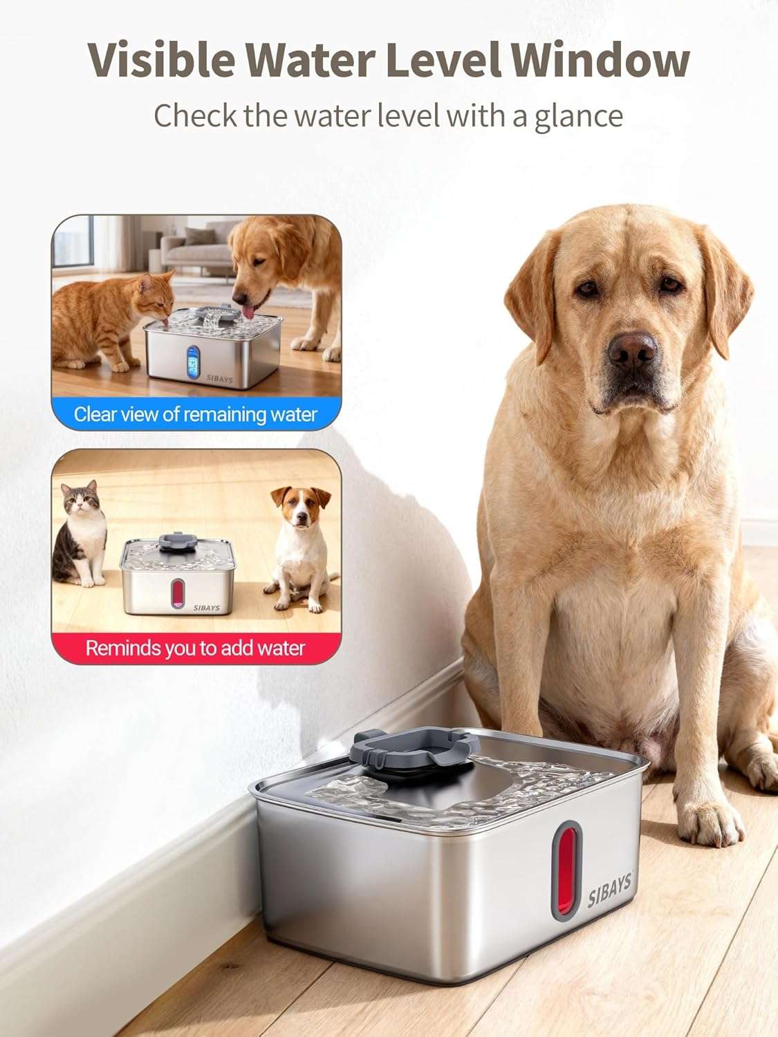 Fuente de agua de 15 litros acero inoxidable para perros grandes con ventana de nivel visible y luz LED indicadora.