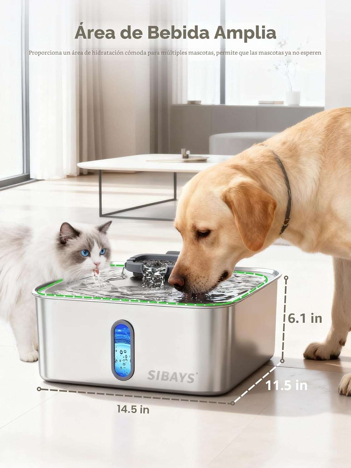 Fuente de agua de 15 litros acero inoxidable para perros grandes con ventana de nivel visible y luz LED indicadora.