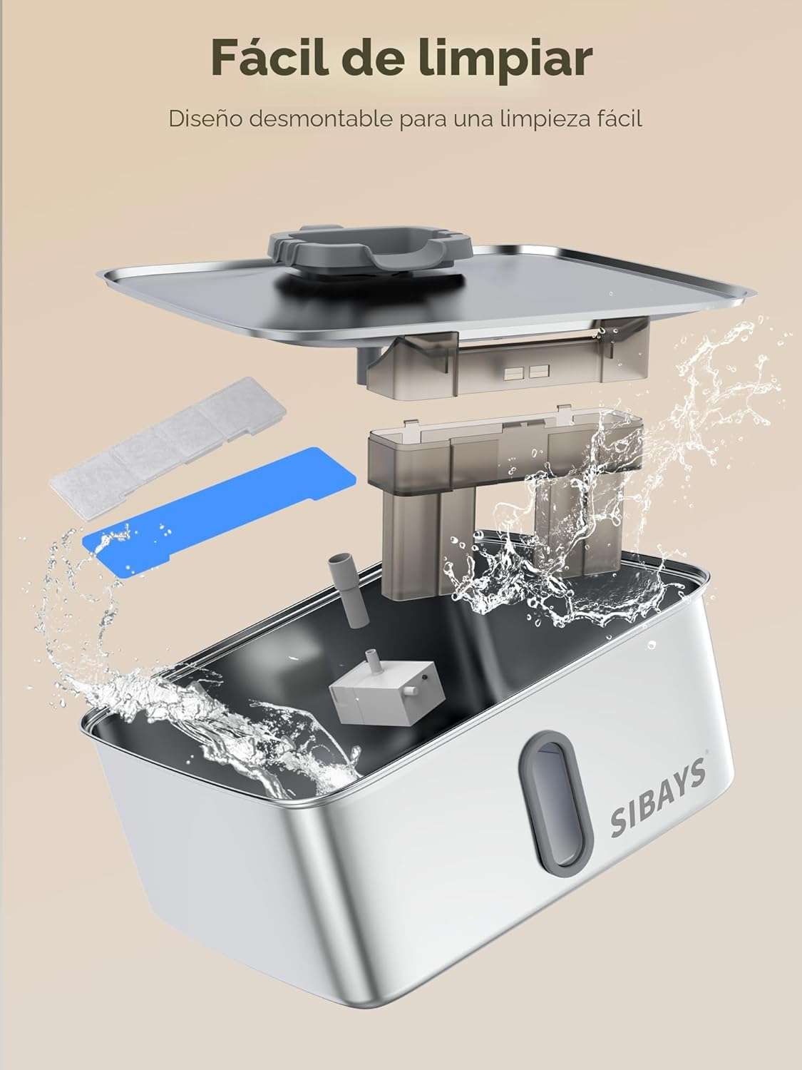 Fuente de agua de 15 litros acero inoxidable para perros grandes con ventana de nivel visible y luz LED indicadora.