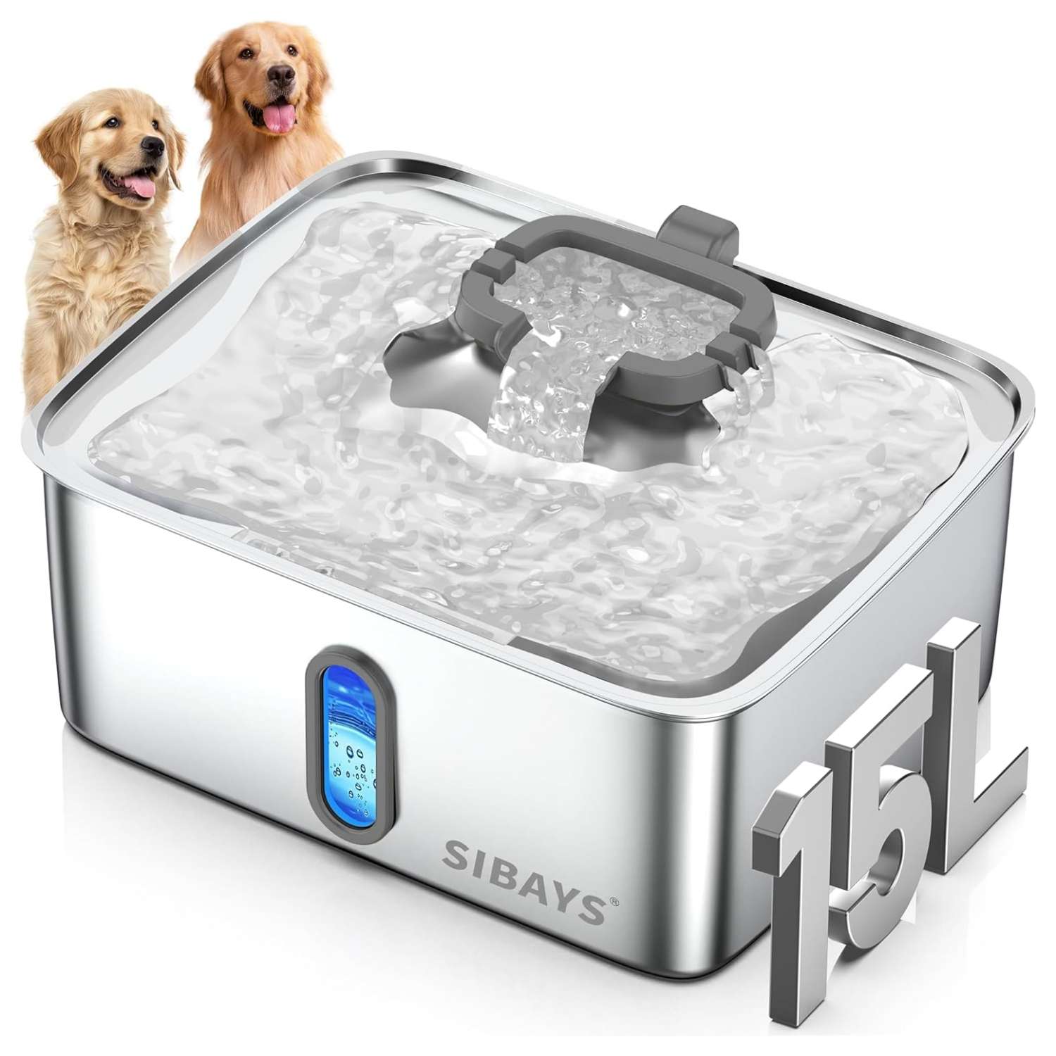 Fuente de agua de 15 litros acero inoxidable para perros grandes con ventana de nivel visible y luz LED indicadora.