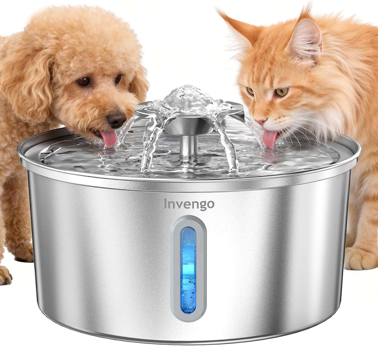 Fuente de agua acero inoxidable 2.2 litros para gatos con doble salida de agua ventana de nivel y luz LED.