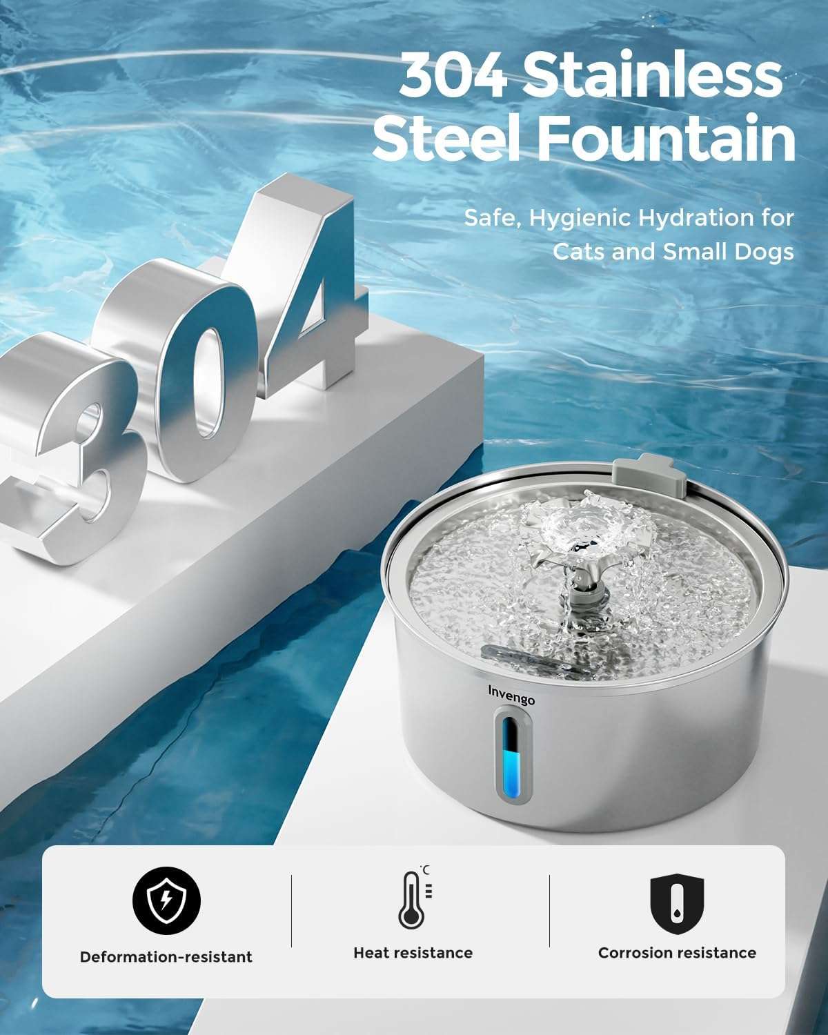 Fuente de agua acero inoxidable 2.2 litros para gatos con doble salida de agua ventana de nivel y luz LED.