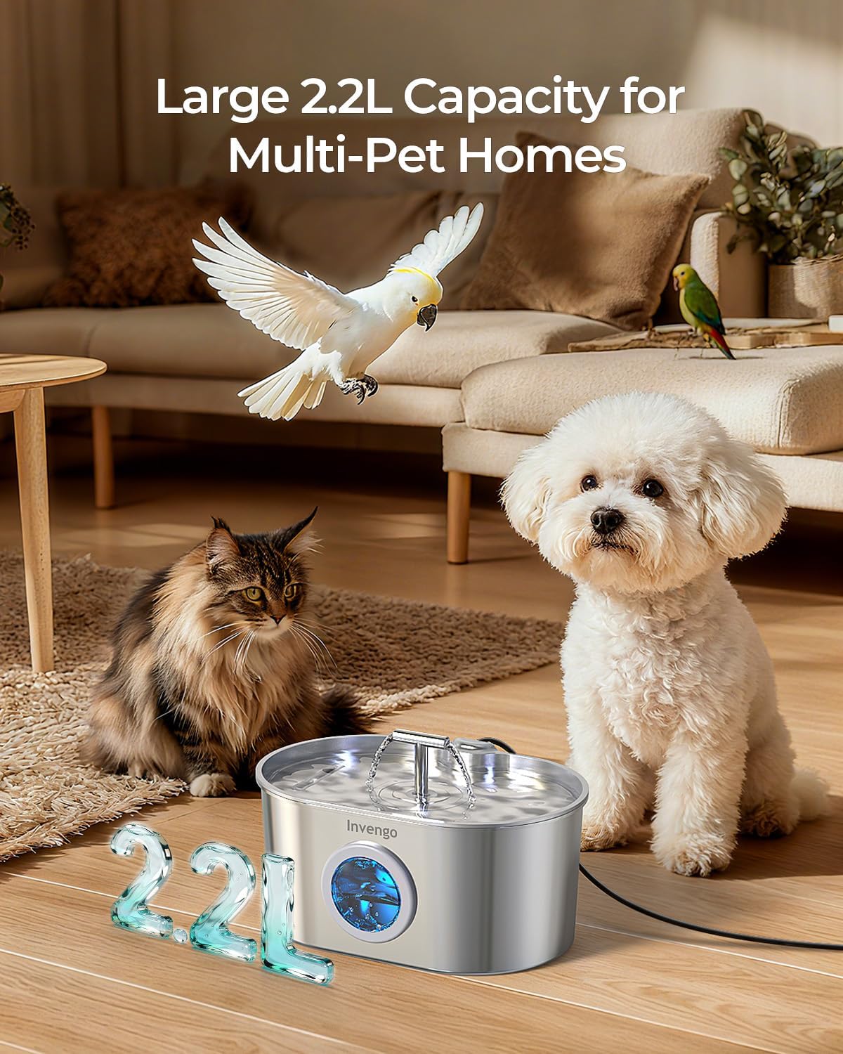 Fuente de agua acero inoxidable 2.2 litros para gatos con doble salida de agua ventana de nivel y luz LED.