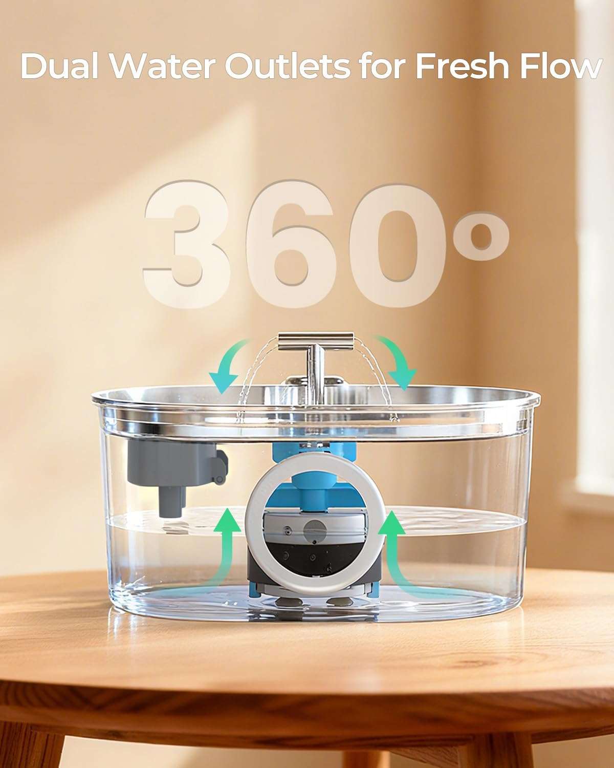 Fuente de agua acero inoxidable 2.2 litros para gatos con doble salida de agua ventana de nivel y luz LED.