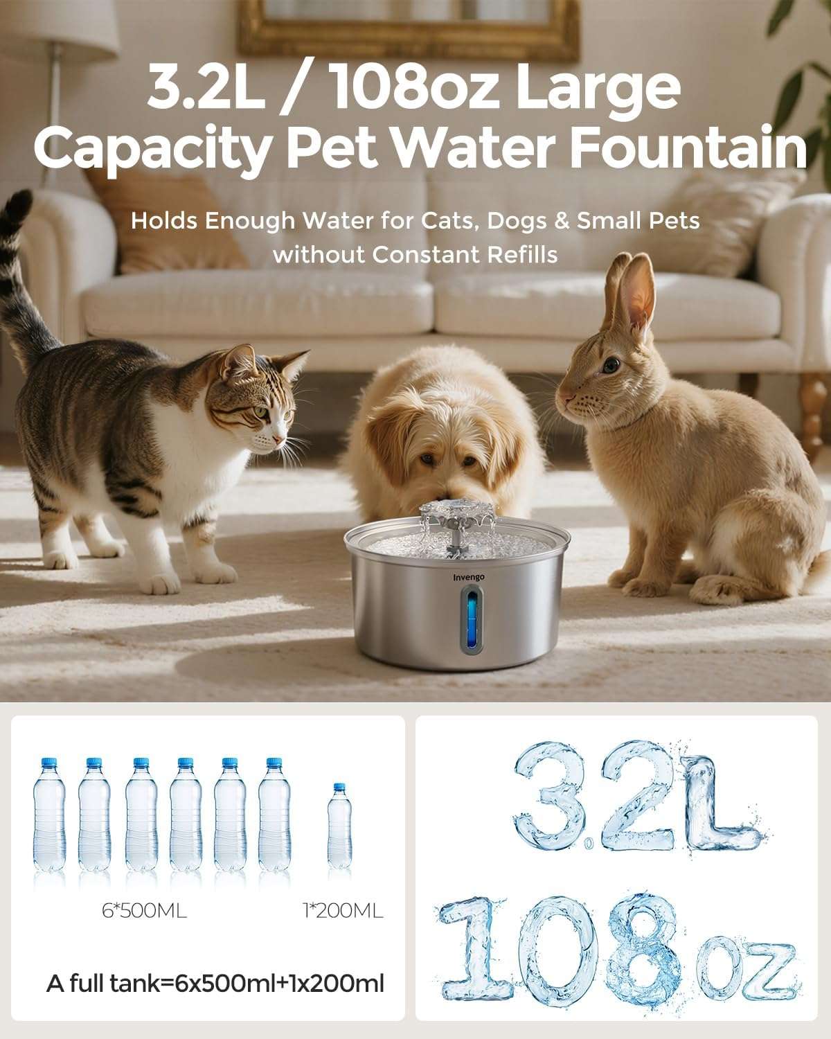 Fuente de agua acero inoxidable 2.2 litros para gatos con doble salida de agua ventana de nivel y luz LED.
