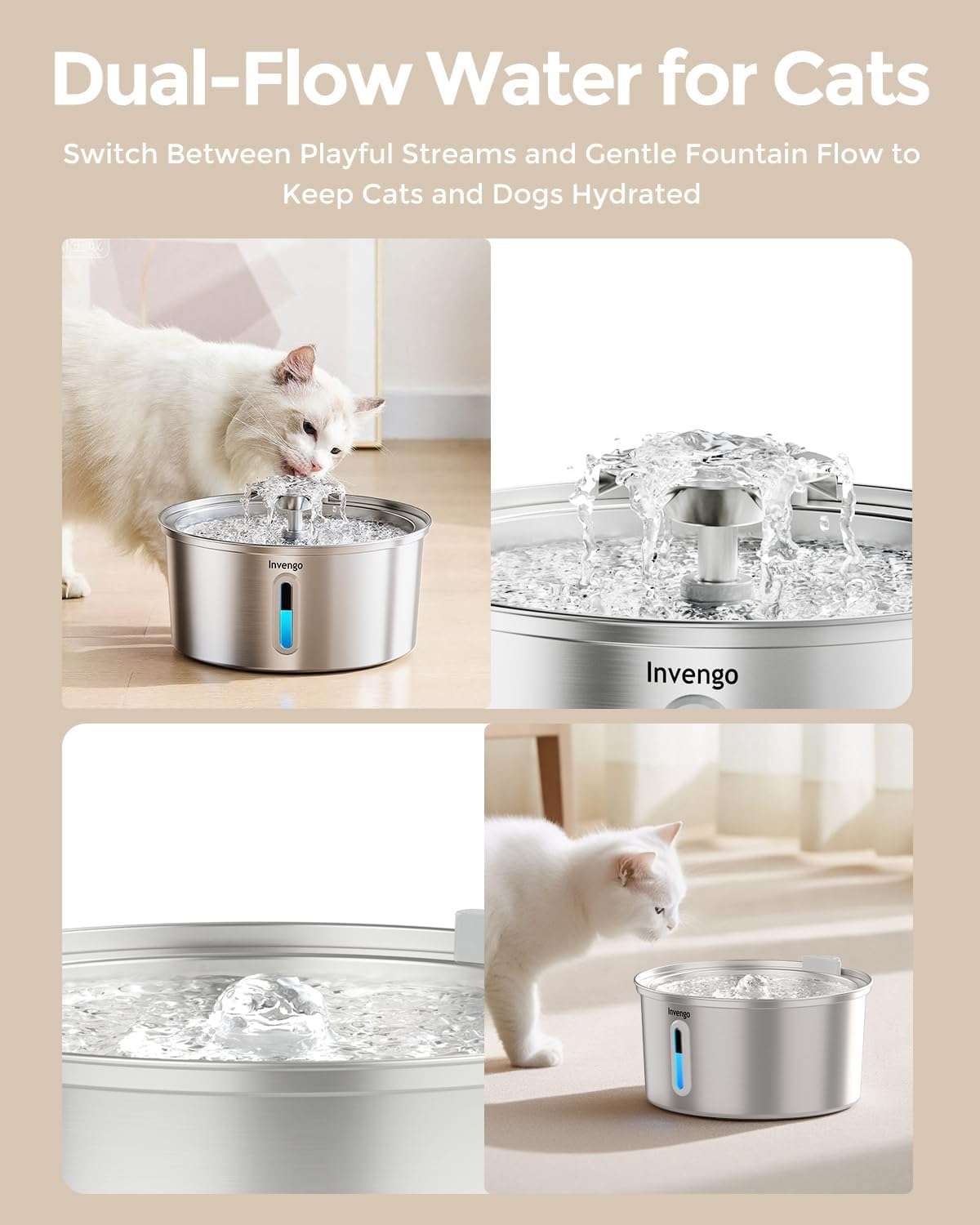 Fuente de agua acero inoxidable 2.2 litros para gatos con doble salida de agua ventana de nivel y luz LED.