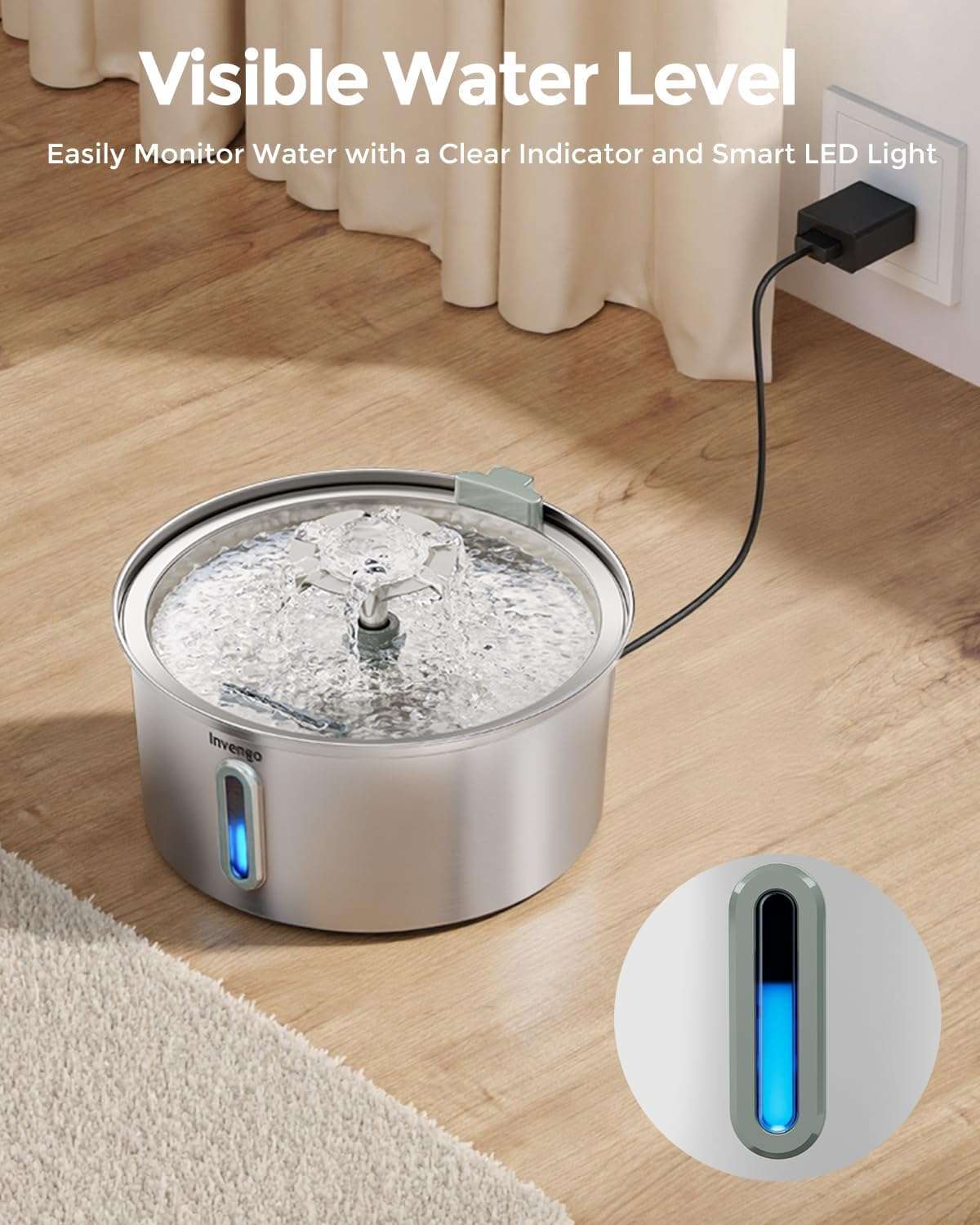 Fuente de agua acero inoxidable 2.2 litros para gatos con doble salida de agua ventana de nivel y luz LED.