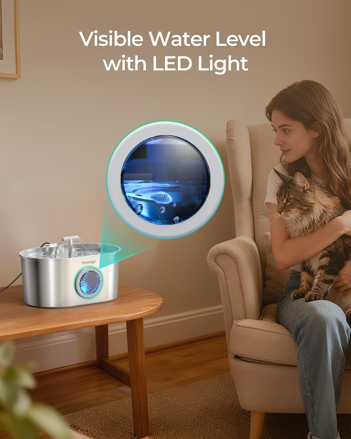 Fuente de agua acero inoxidable 2.2 litros para gatos con doble salida de agua ventana de nivel y luz LED.