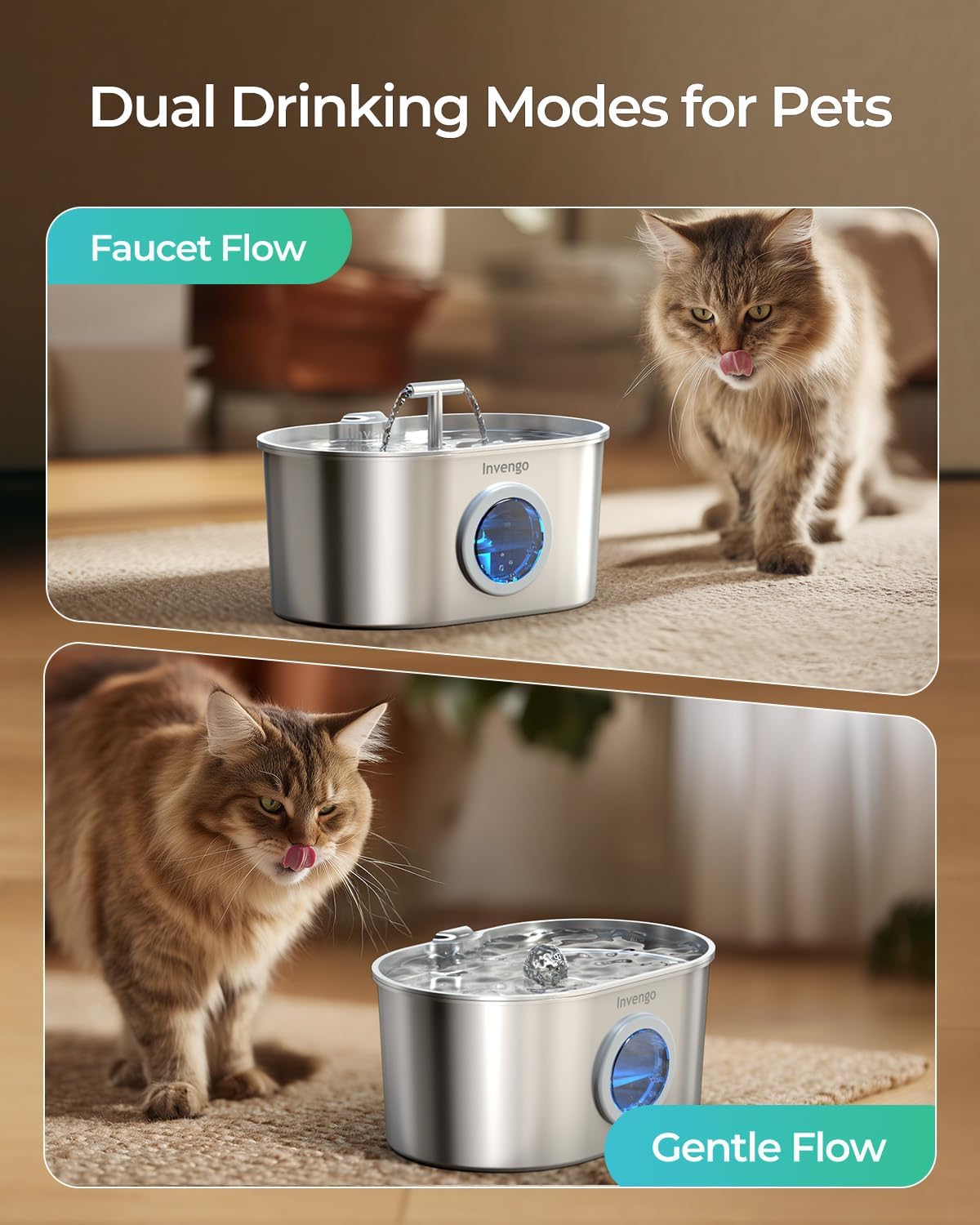 Fuente de agua acero inoxidable 2.2 litros para gatos con doble salida de agua ventana de nivel y luz LED.