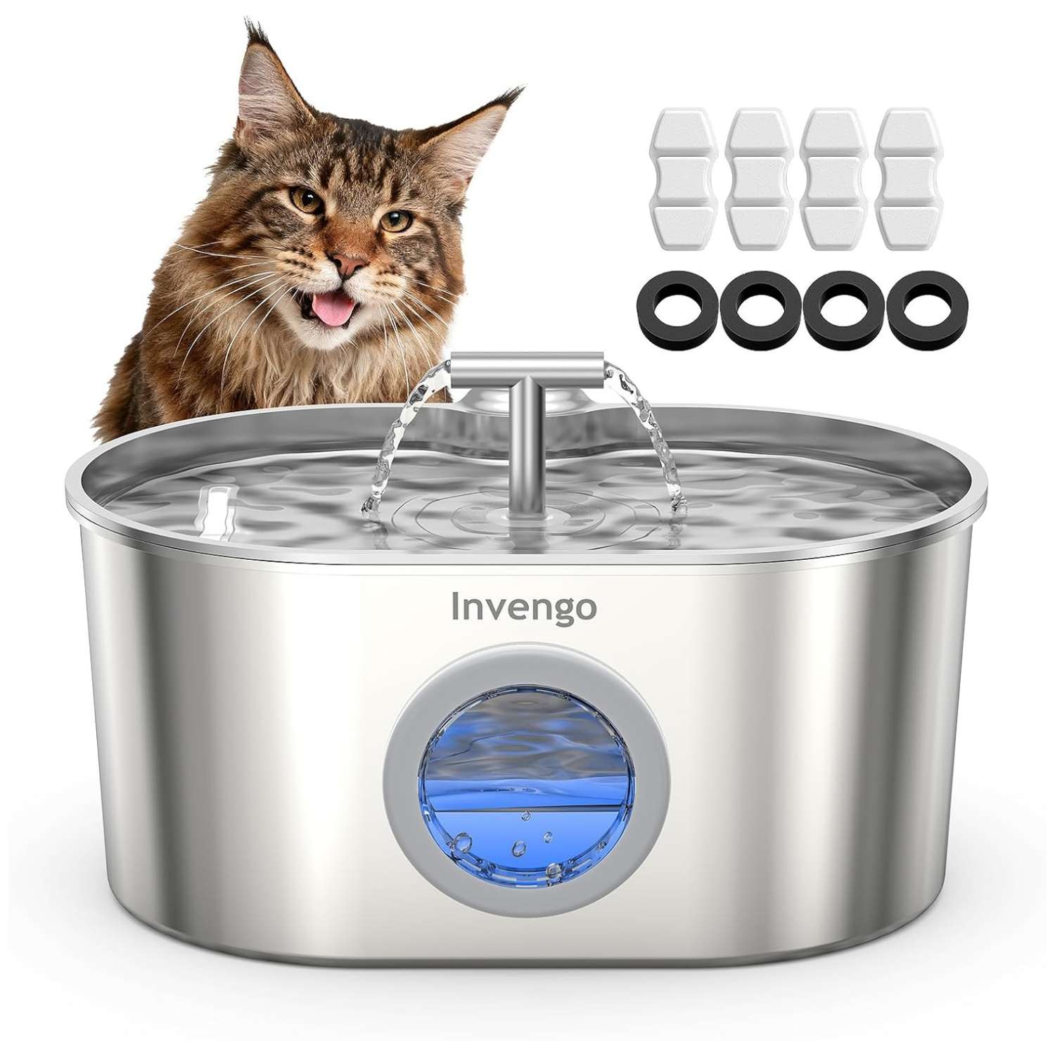 Fuente de agua acero inoxidable 2.2 litros para gatos con doble salida de agua ventana de nivel y luz LED.