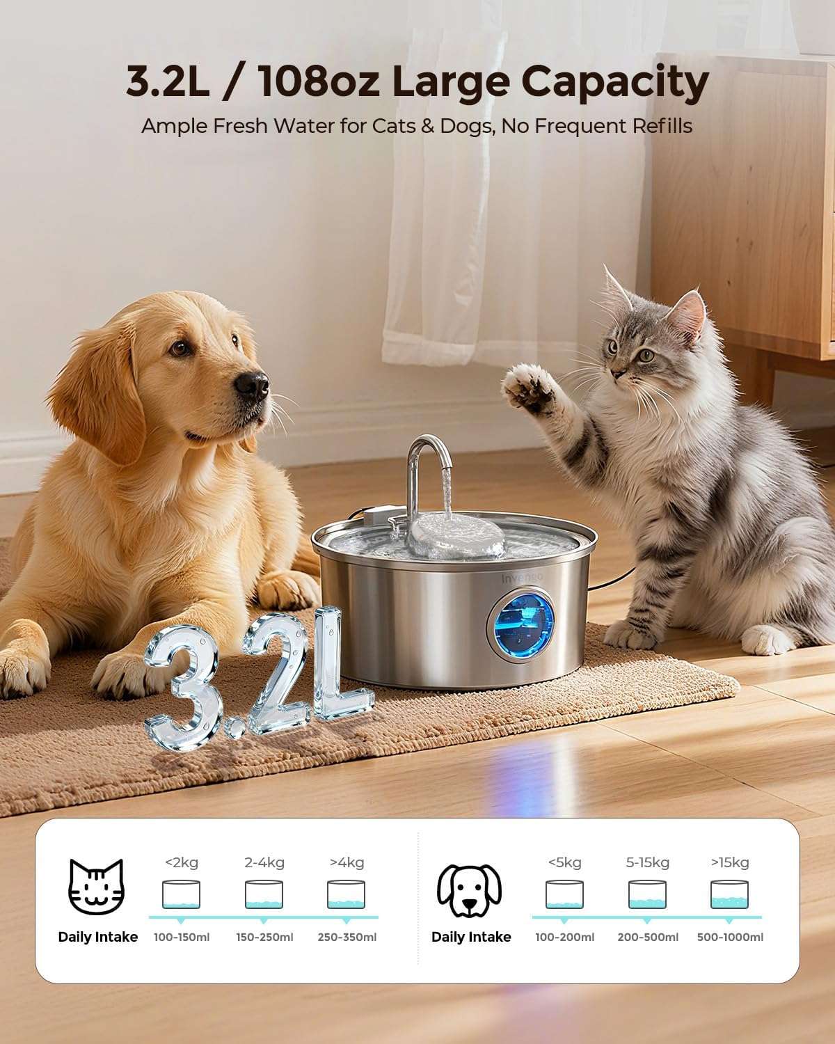 Fuente de agua silenciosa de acero inoxidable 3.2 litros con ventana de nivel y 4 filtros para gatos y perros.