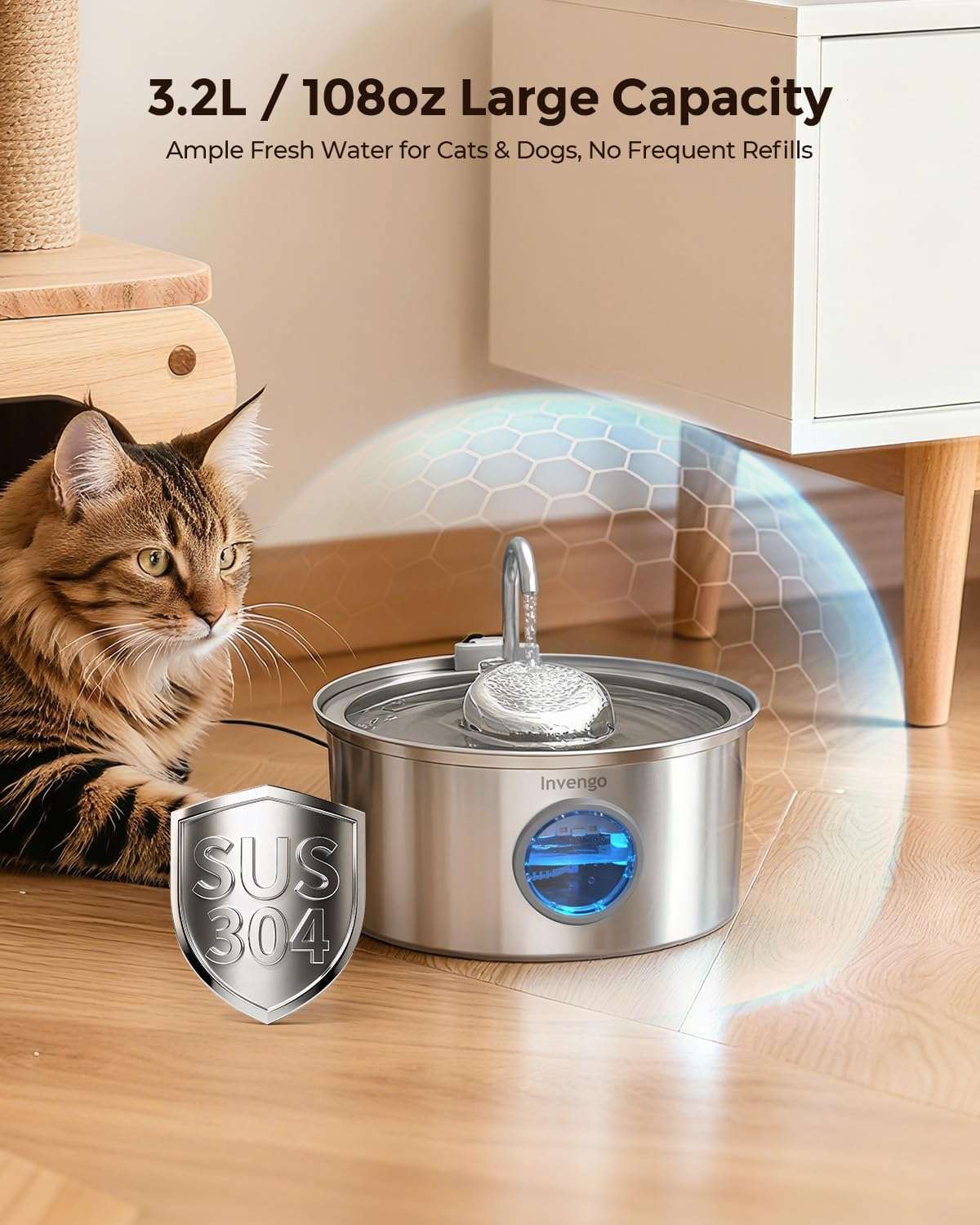 Fuente de agua silenciosa de acero inoxidable 3.2 litros con ventana de nivel y 4 filtros para gatos y perros.
