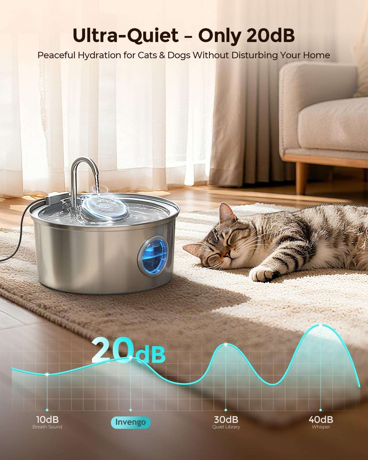 Fuente de agua silenciosa de acero inoxidable 3.2 litros con ventana de nivel y 4 filtros para gatos y perros.