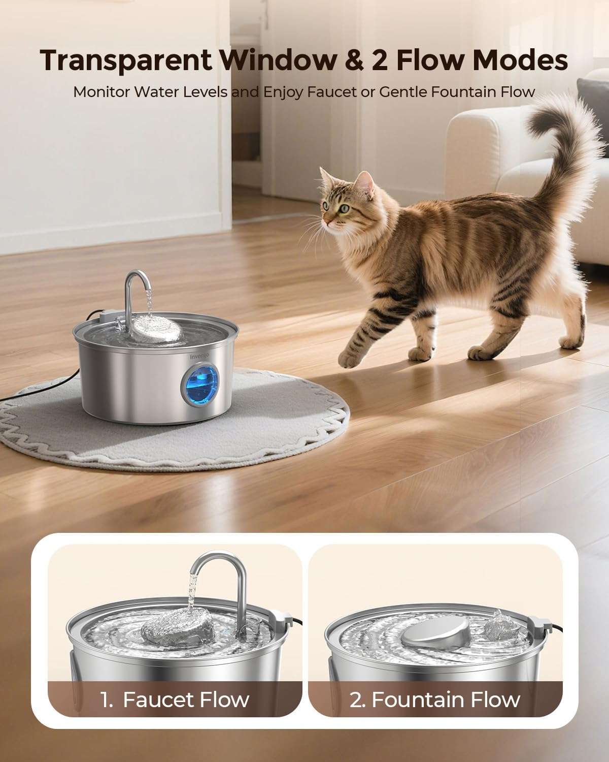 Fuente de agua silenciosa de acero inoxidable 3.2 litros con ventana de nivel y 4 filtros para gatos y perros.