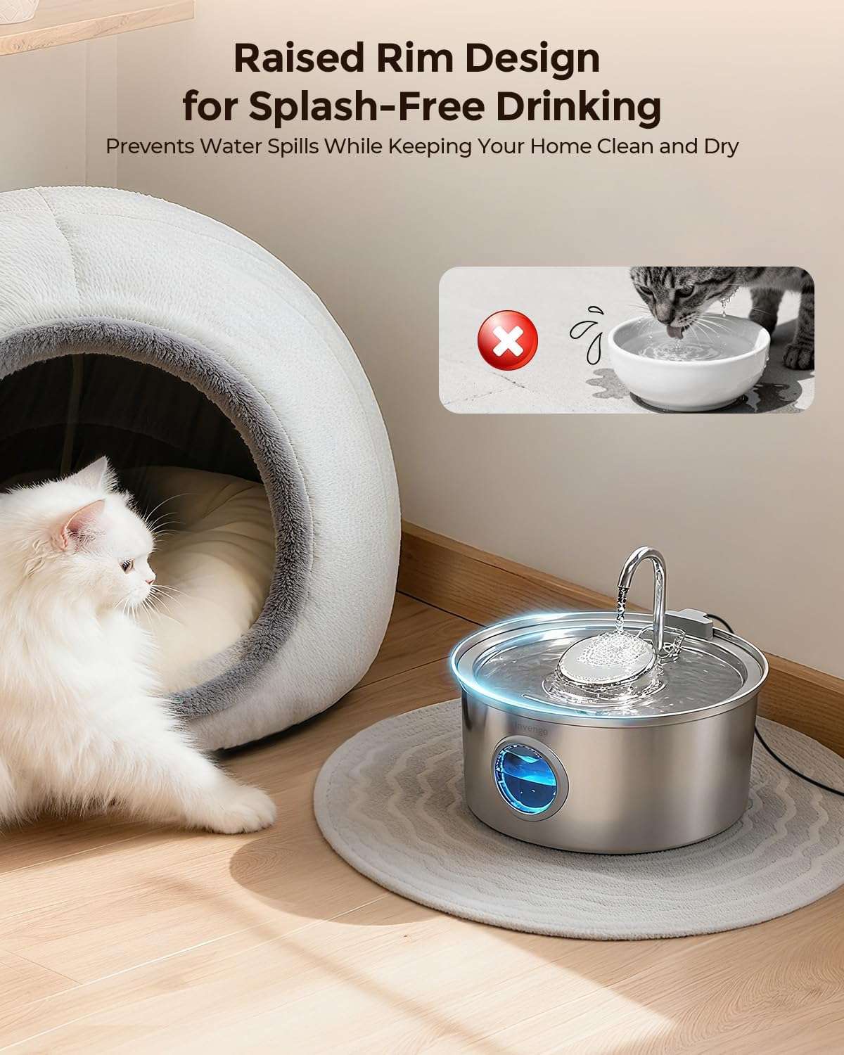 Fuente de agua silenciosa de acero inoxidable 3.2 litros con ventana de nivel y 4 filtros para gatos y perros.