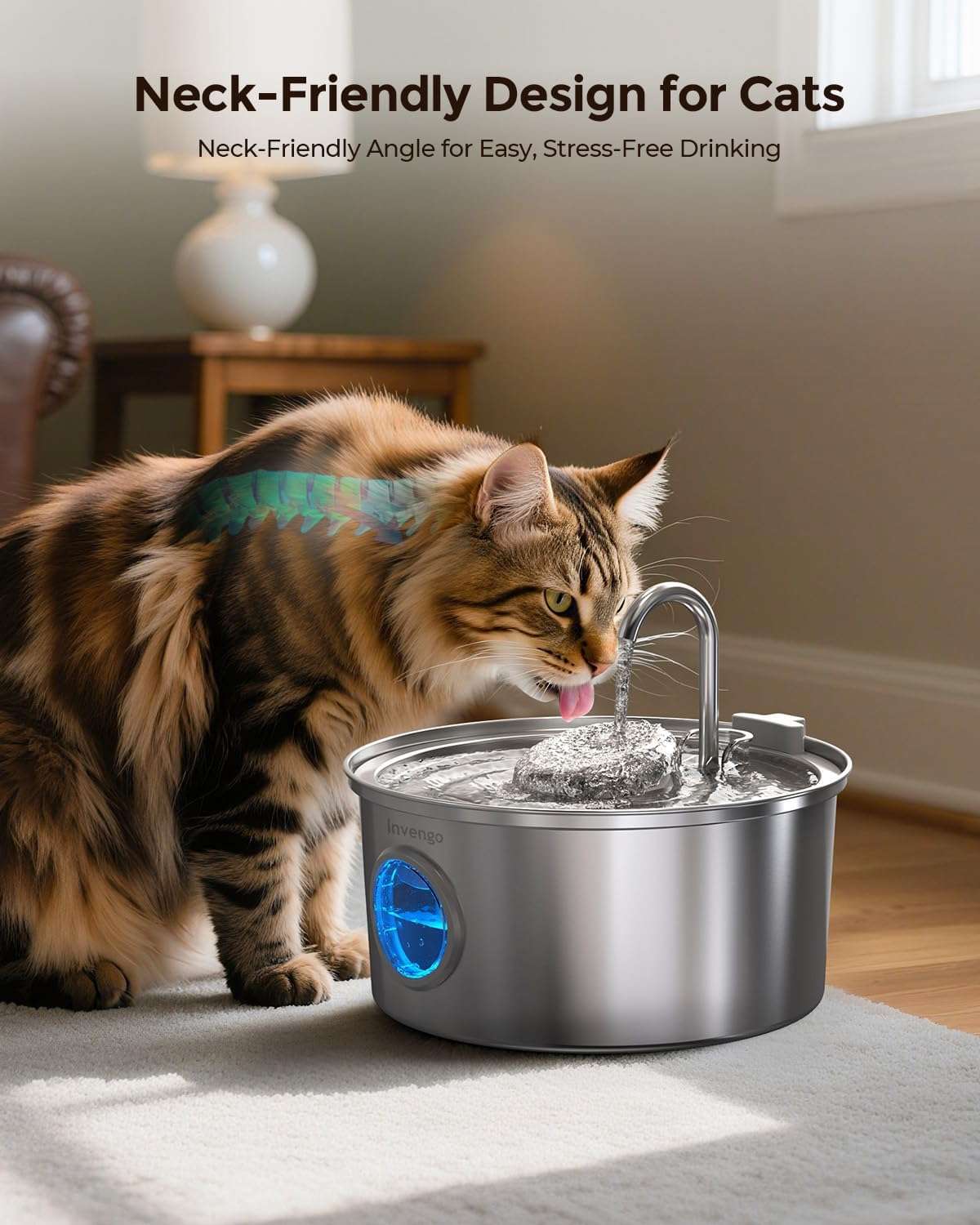 Fuente de agua silenciosa de acero inoxidable 3.2 litros con ventana de nivel y 4 filtros para gatos y perros.