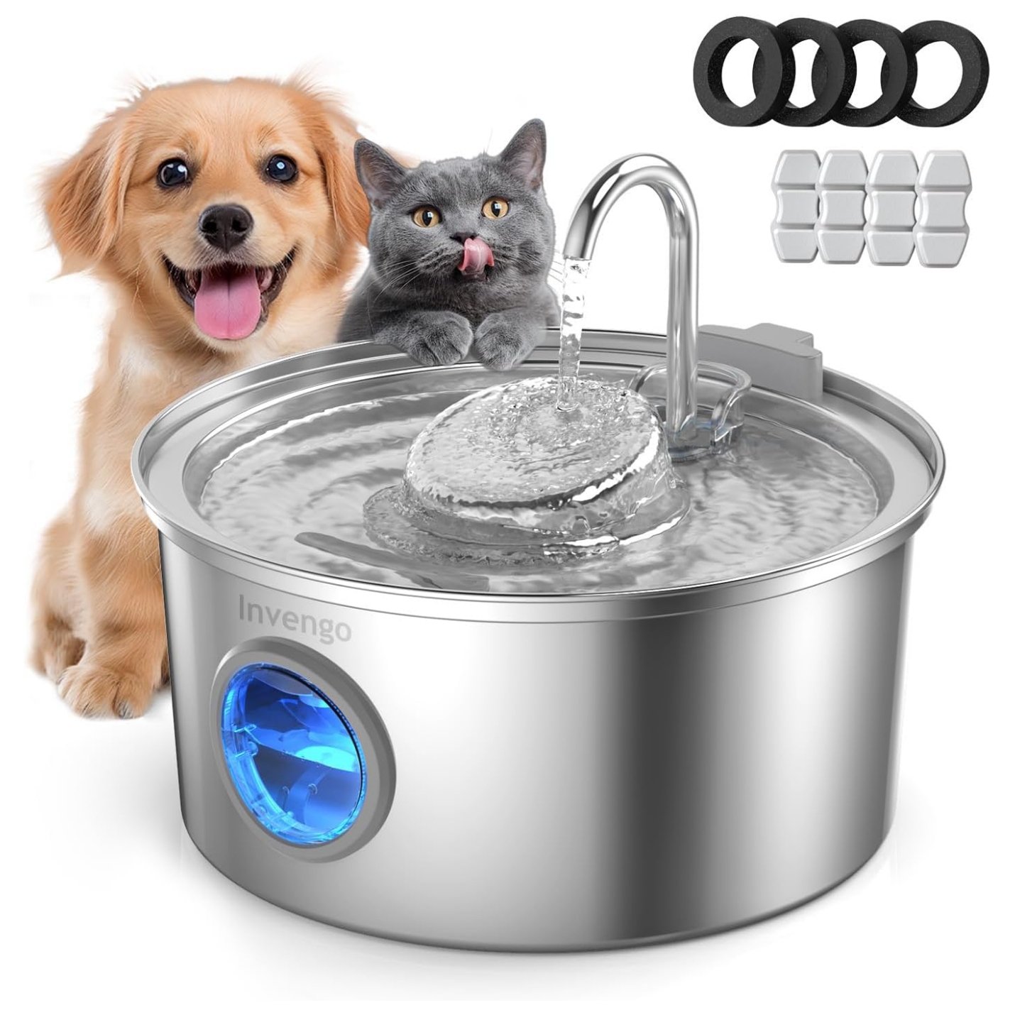 Fuente de agua silenciosa de acero inoxidable 3.2 litros con ventana de nivel y 4 filtros para gatos y perros.