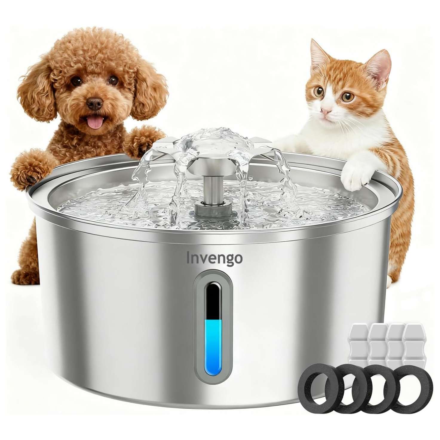 Fuente de agua acero inoxidable 3.2 litros para gatos y perros con ventana de nivel, luz LED y boquilla tipo flor.