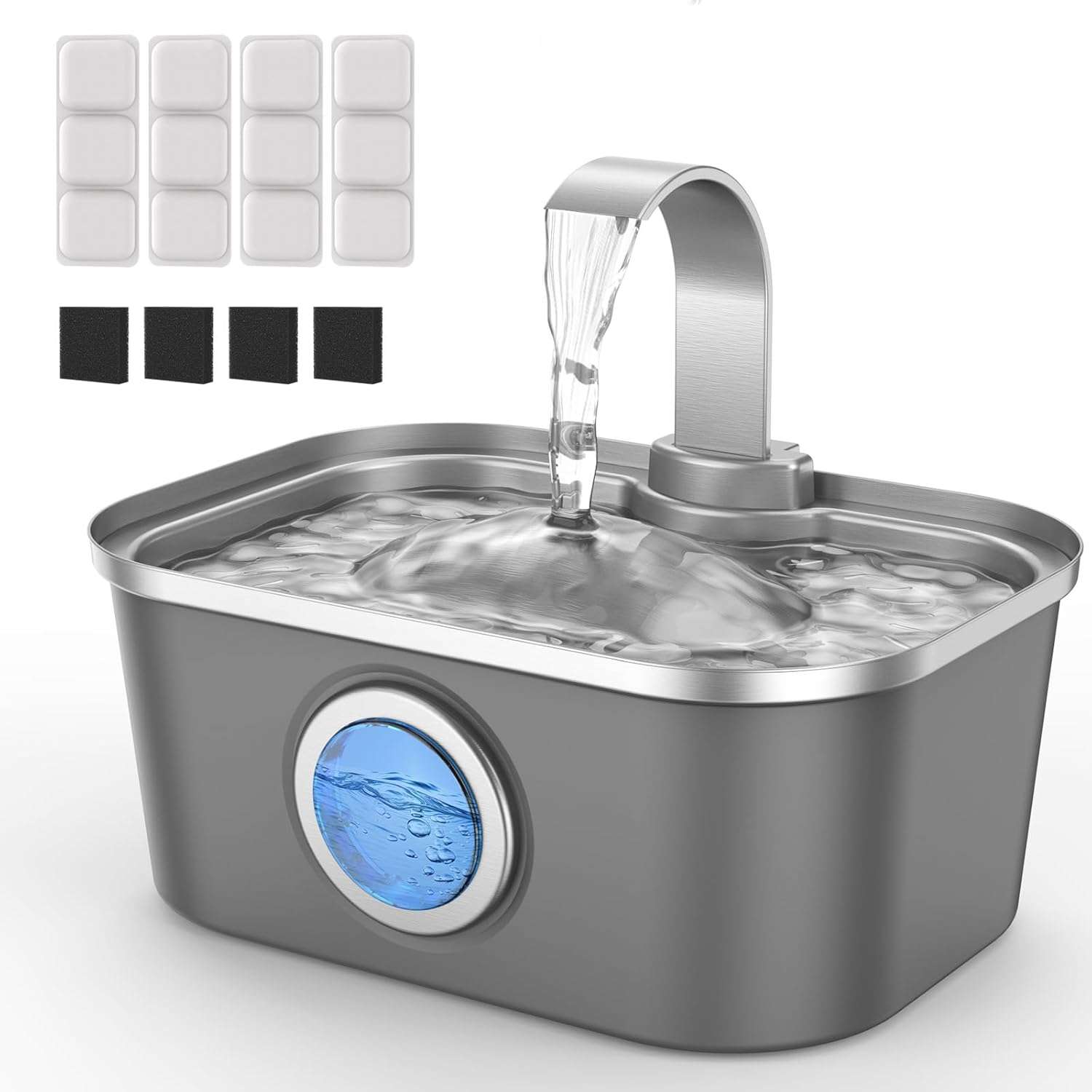 Fuente de agua de acero inoxidable 3.5 litros para gatos y perros con ventana transparente y luz LED.
