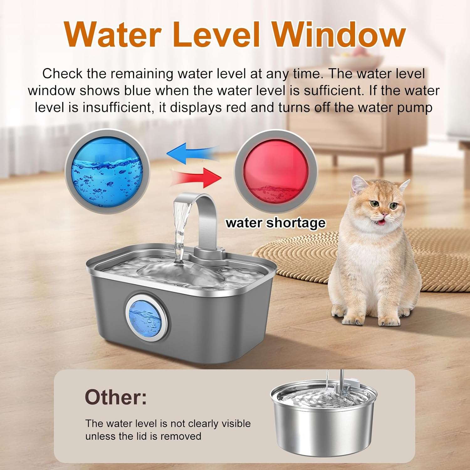 Fuente de agua de acero inoxidable 3.5 litros para gatos y perros con ventana transparente y luz LED.